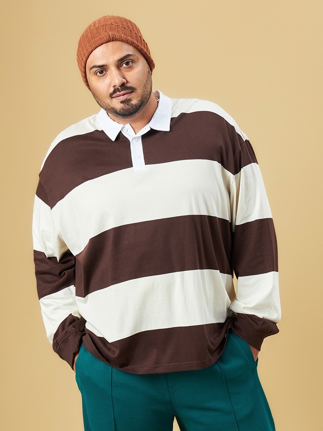 

Bewakoof Plus Size Striped Polo Collar Oversized Cotton T-shirt, Brown