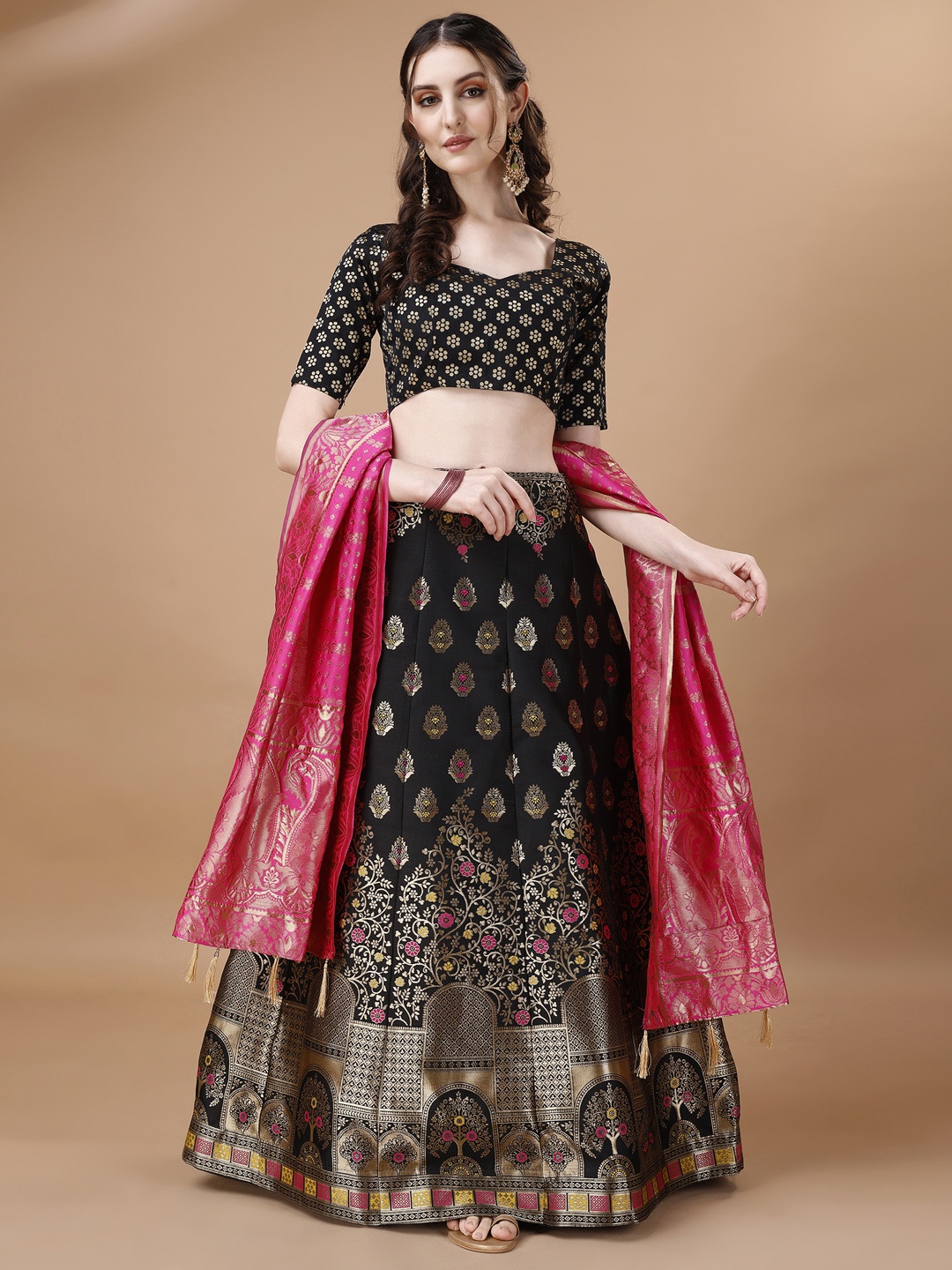 

Momina Fashion Ethnic Motifs Woven Design Zari Banarasi Silk Ready to Wear Lehenga Choli, Black