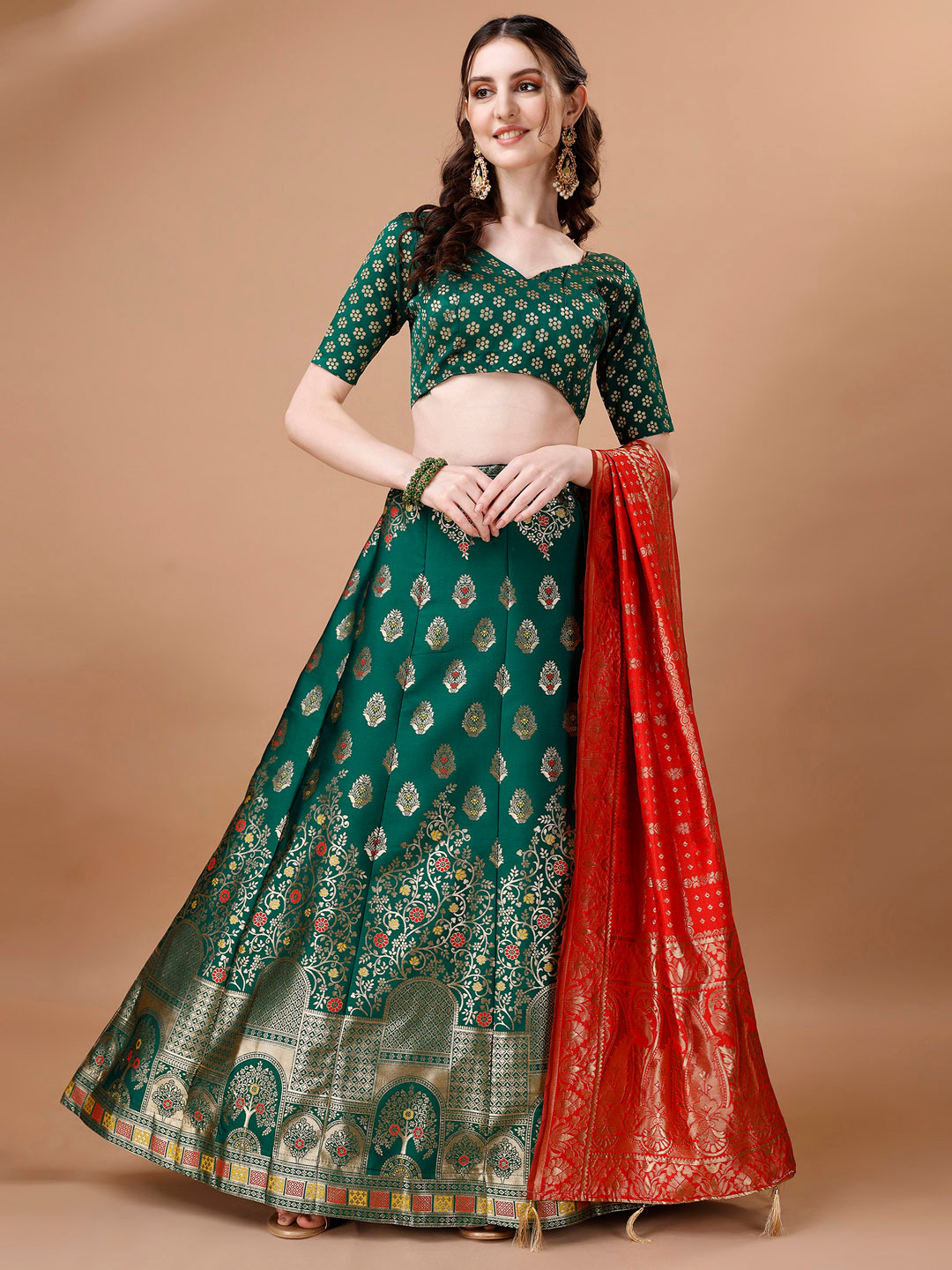 

Momina Fashion Ethnic Motifs Woven Design Zari Banarasi Silk Ready to Wear Lehenga Choli, Green