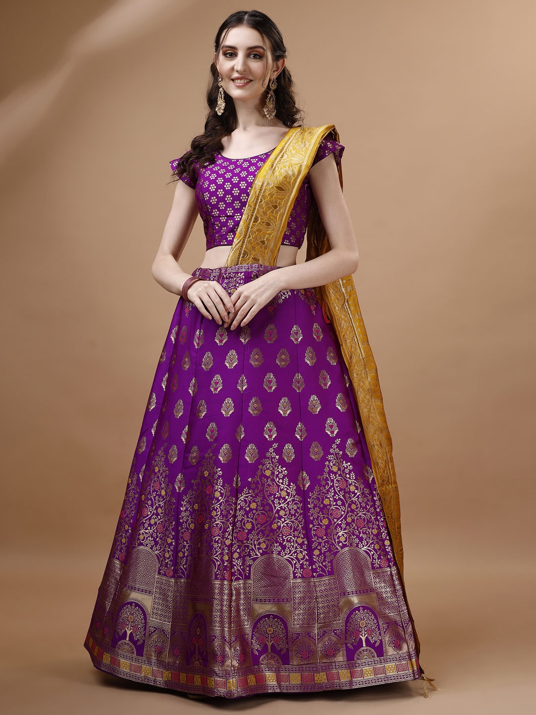 

Momina Fashion Floral Woven Design Ready to Wear Lehenga & Unstitched Blouse With Dupatta, Purple