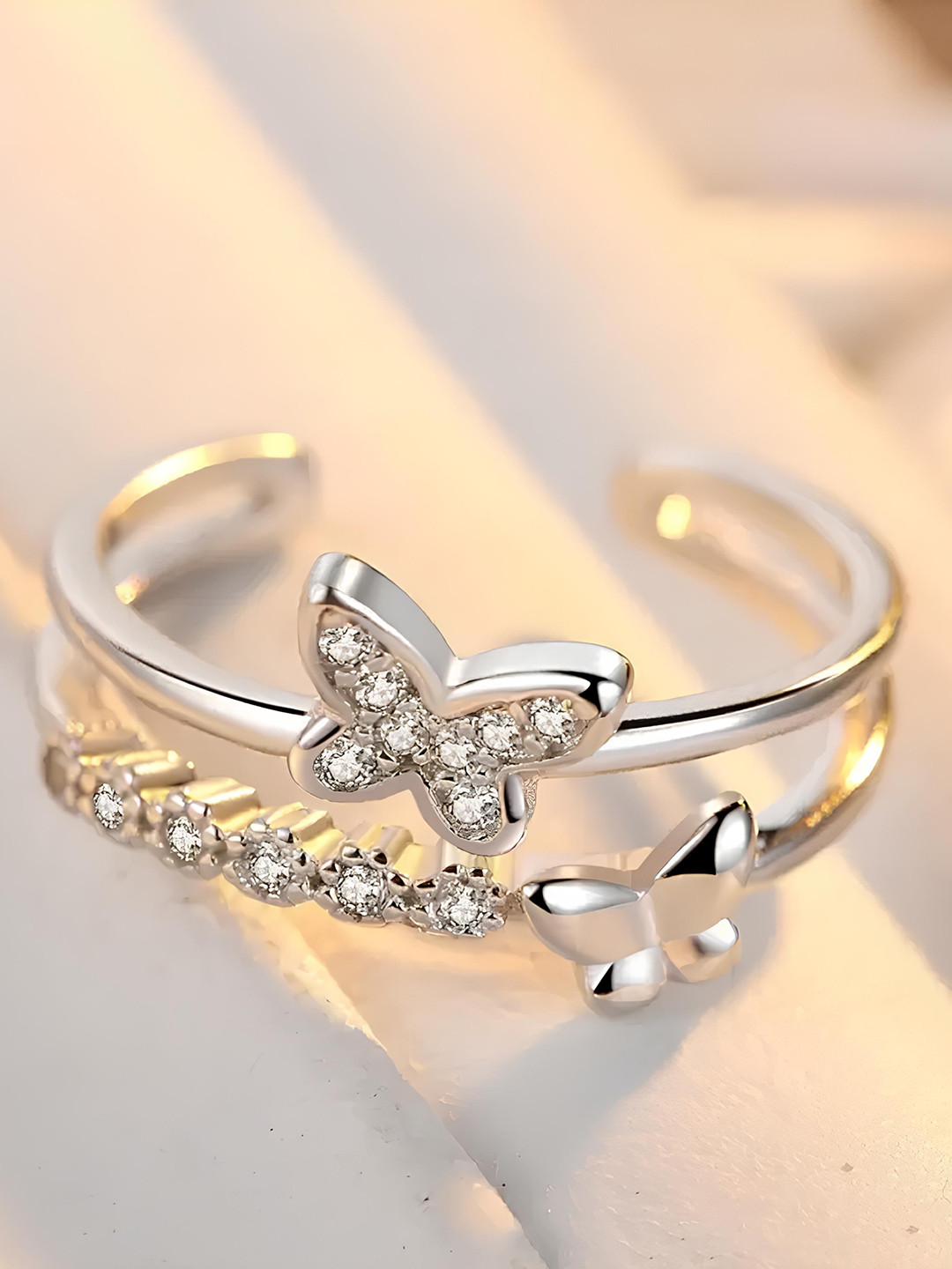 

KARISHMA KREATIONS Set Of 2 Silver-Plated Cubic Zirconia-Studded Adjustable Finger Rings