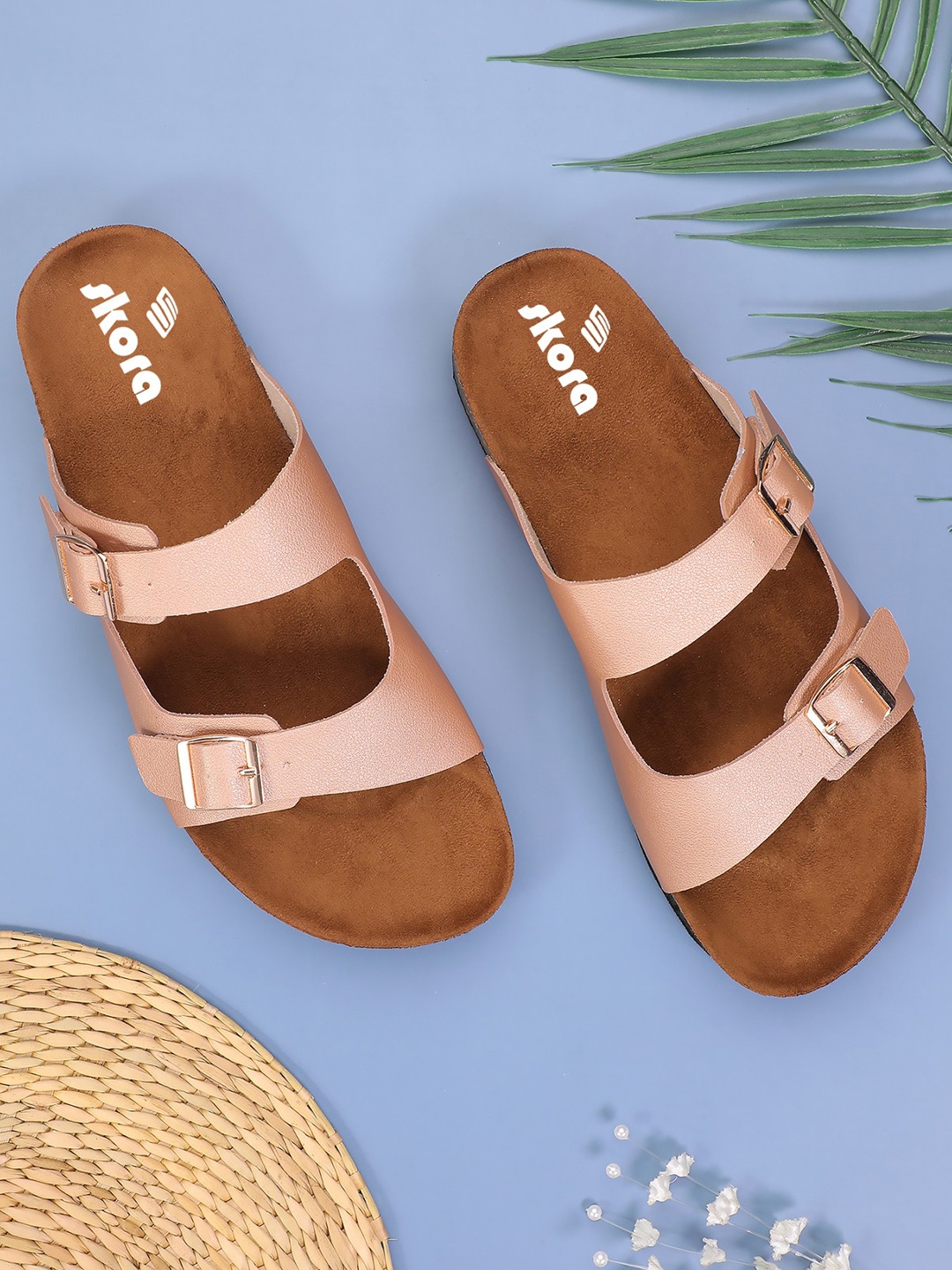 

SKORA Open Toe Flats with Buckles, Rose gold