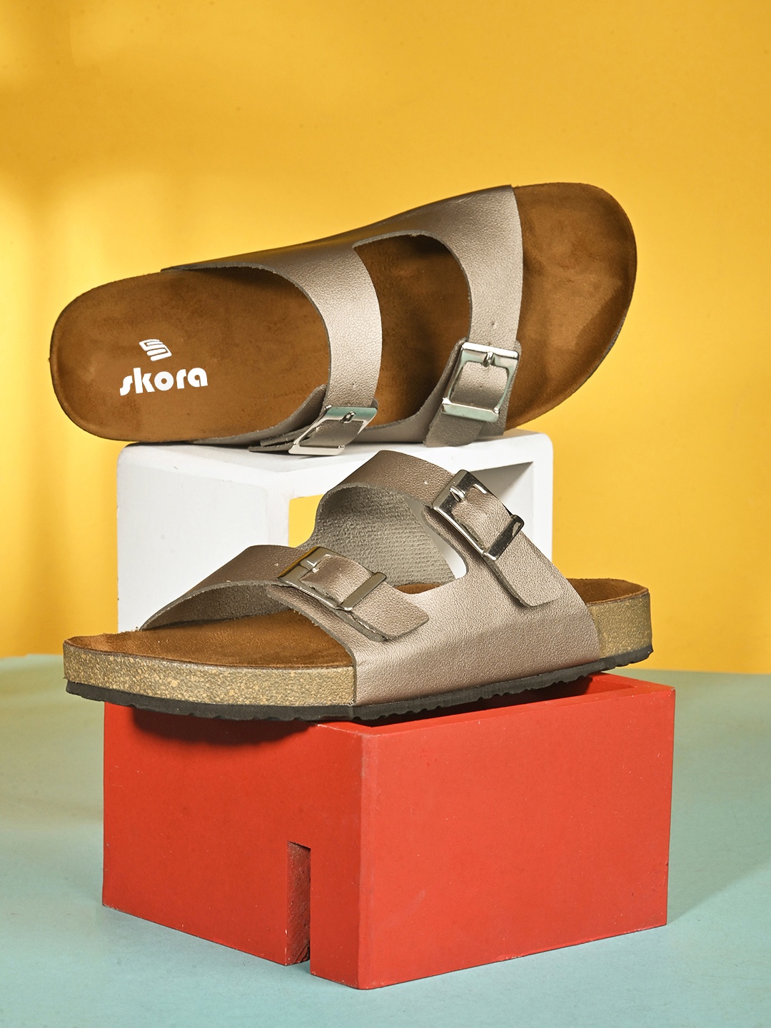SKORA Open Toe Flats with Buckles, Grey