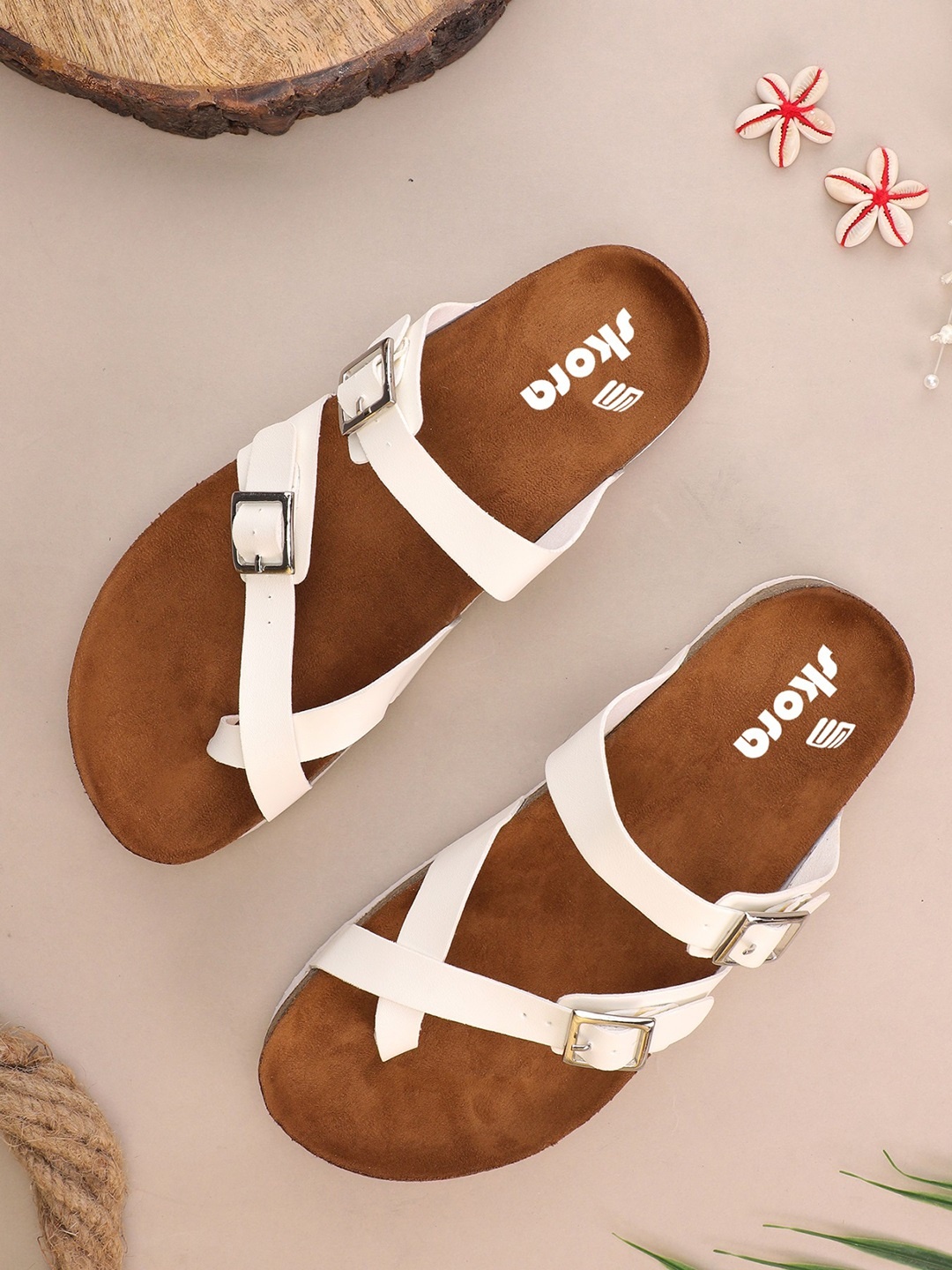 

SKORA One Toe Flats with Buckles, White