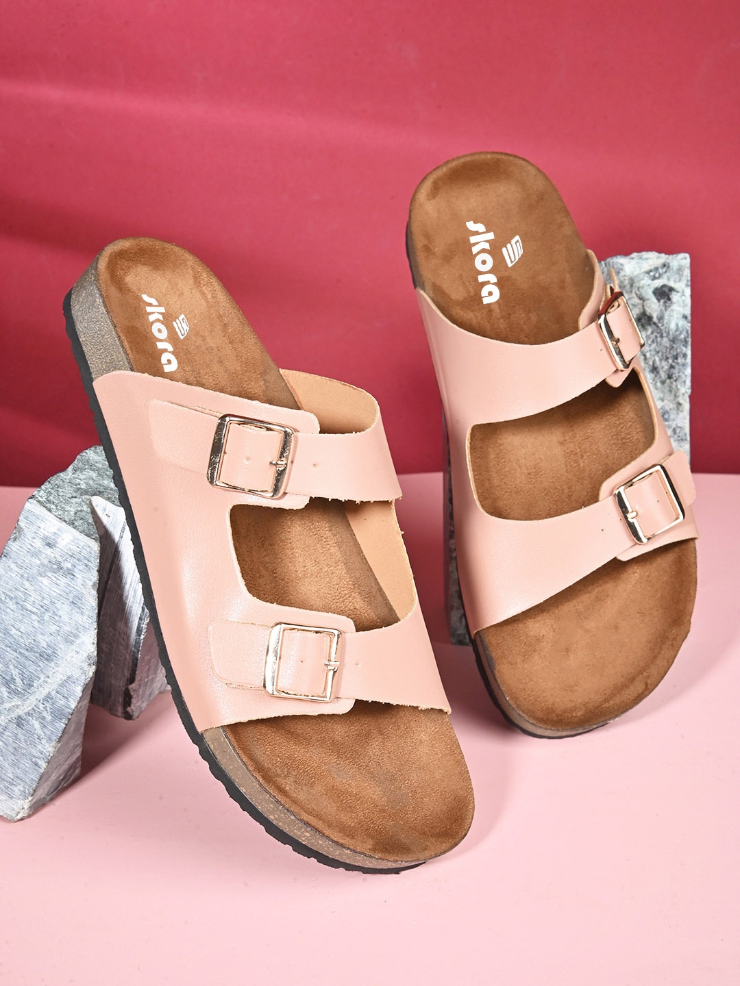 

SKORA Open Toe Flats with Buckles, Beige