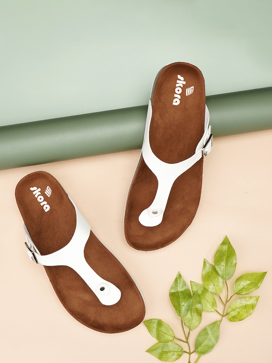 

SKORA Open Toe T-Strap Flats with Buckles, White