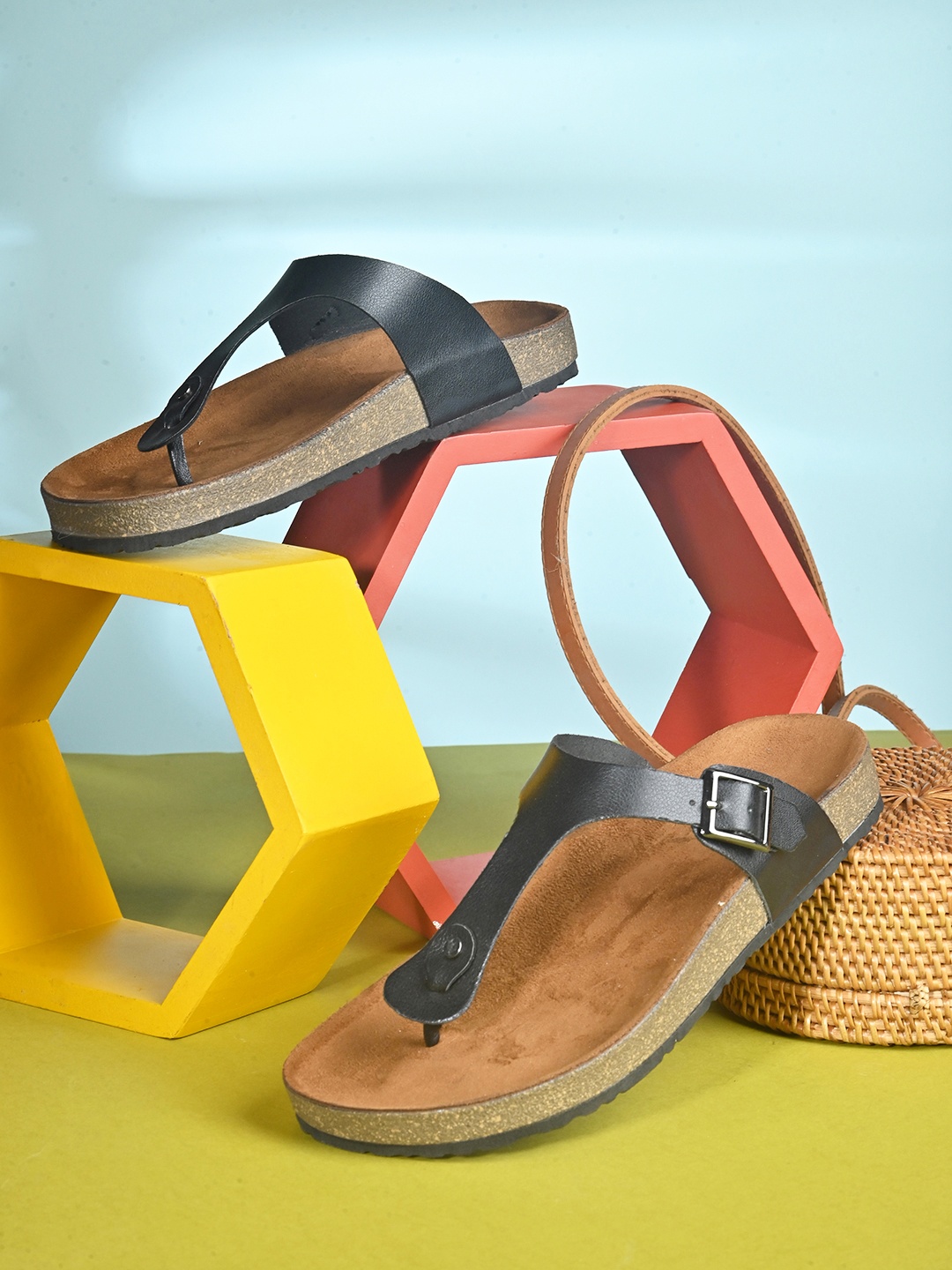 

SKORA Open Toe T-Strap Flats with Buckles, Black