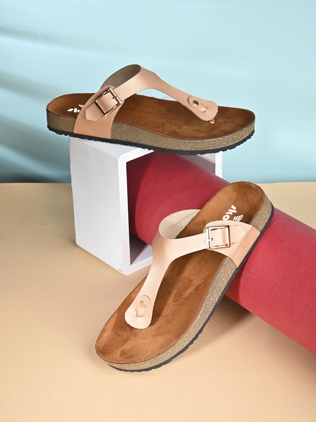 

SKORA Open Toe T-Strap Flats with Buckles, Beige