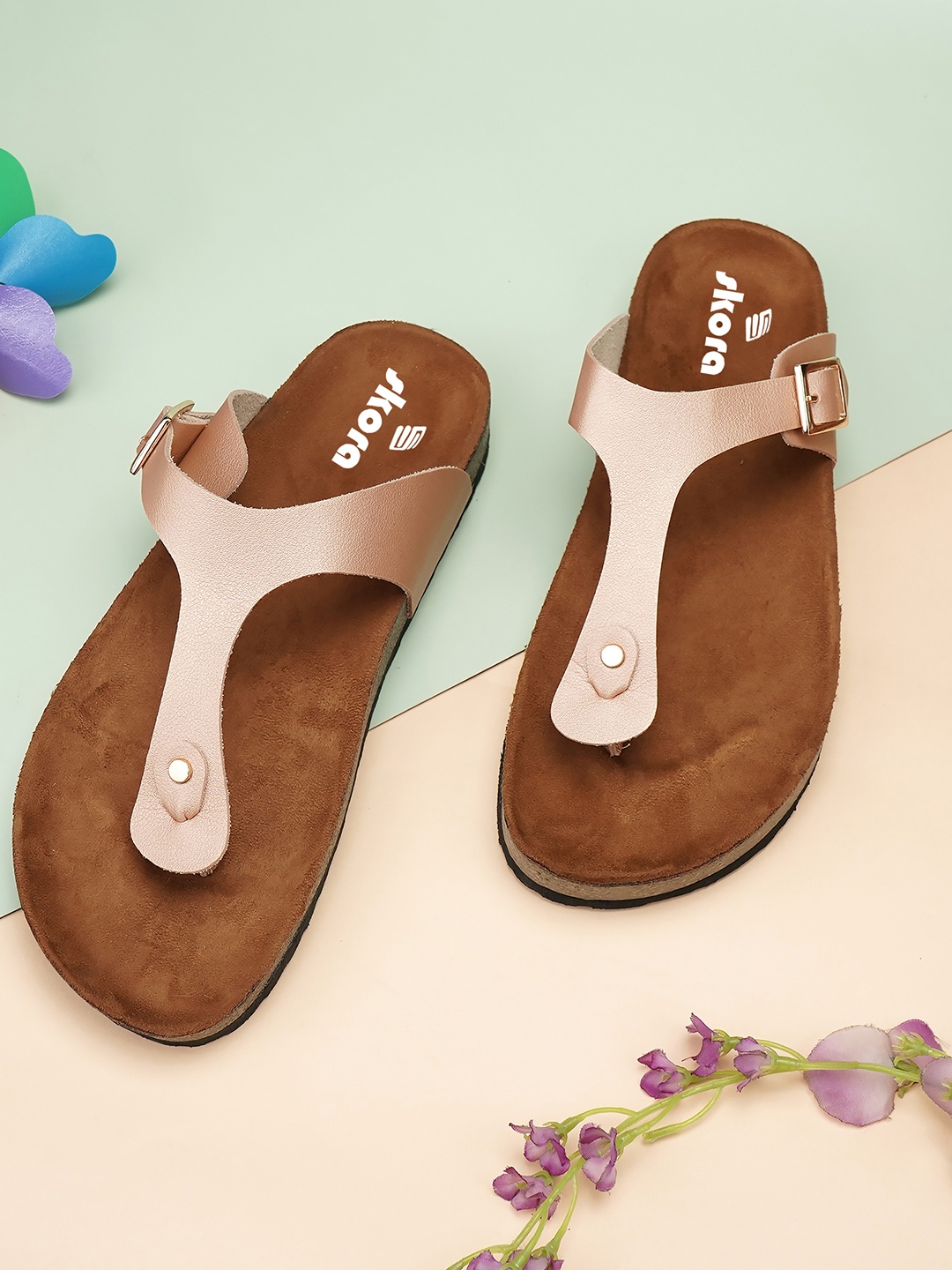 

SKORA Open Toe T-Strap Flats with Buckles, Rose gold