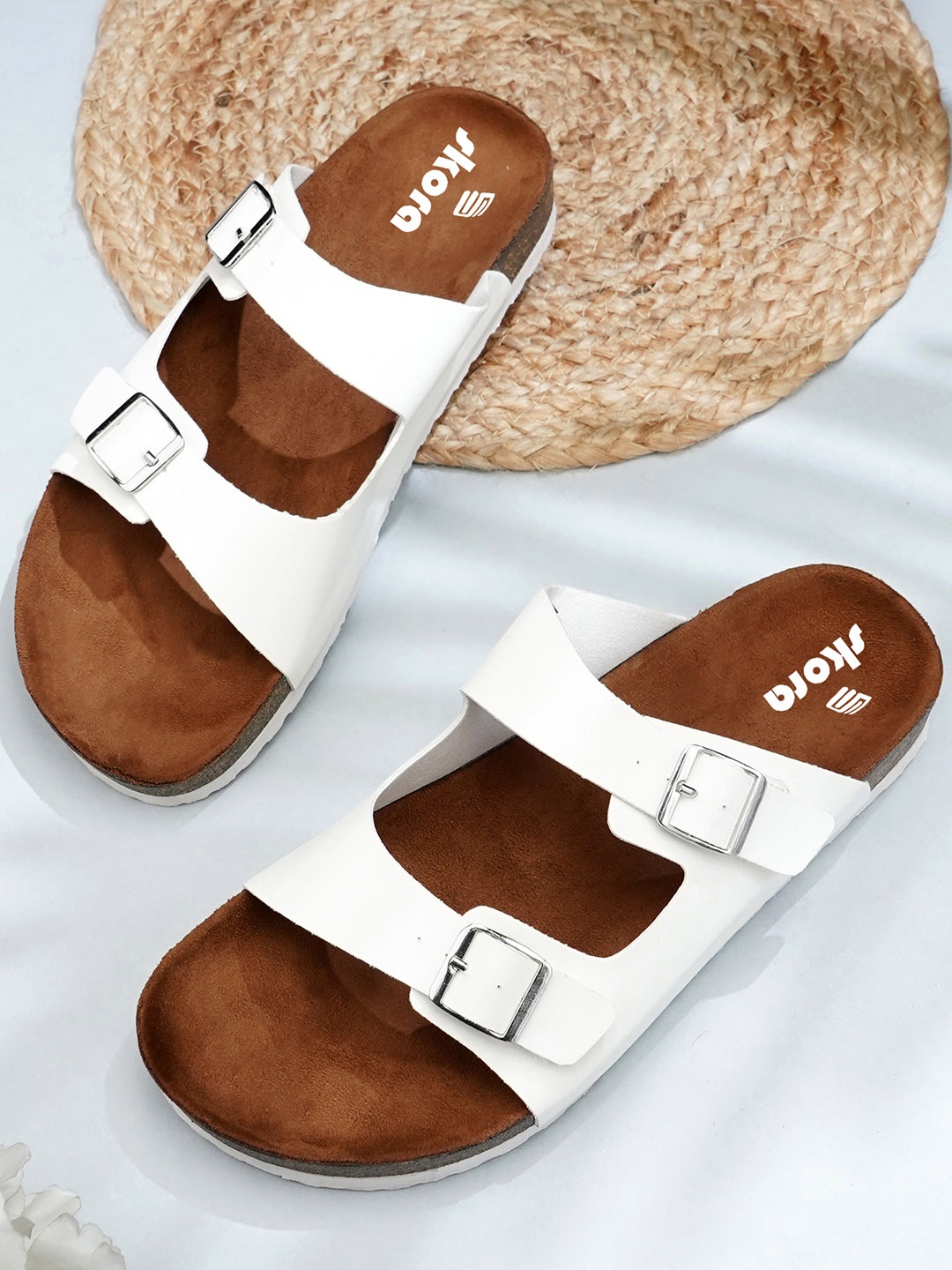 

SKORA Open Toe Flats with Buckles, White