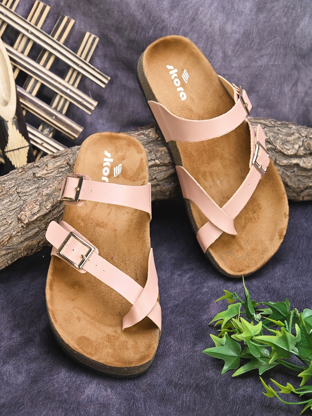 

SKORA One Toe Flats with Buckles, Beige