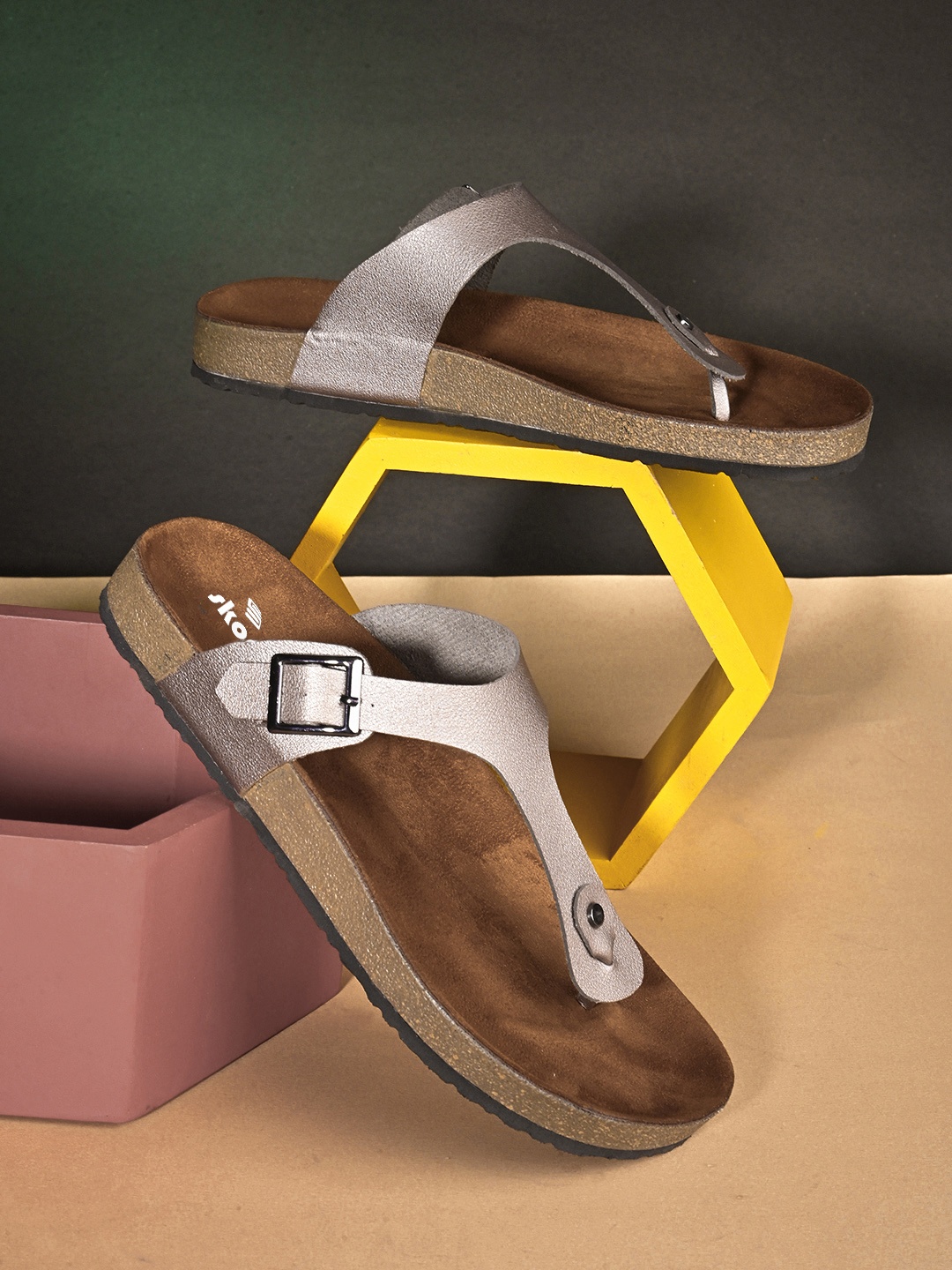 

SKORA Open Toe T-Strap Flats with Buckles, Metallic