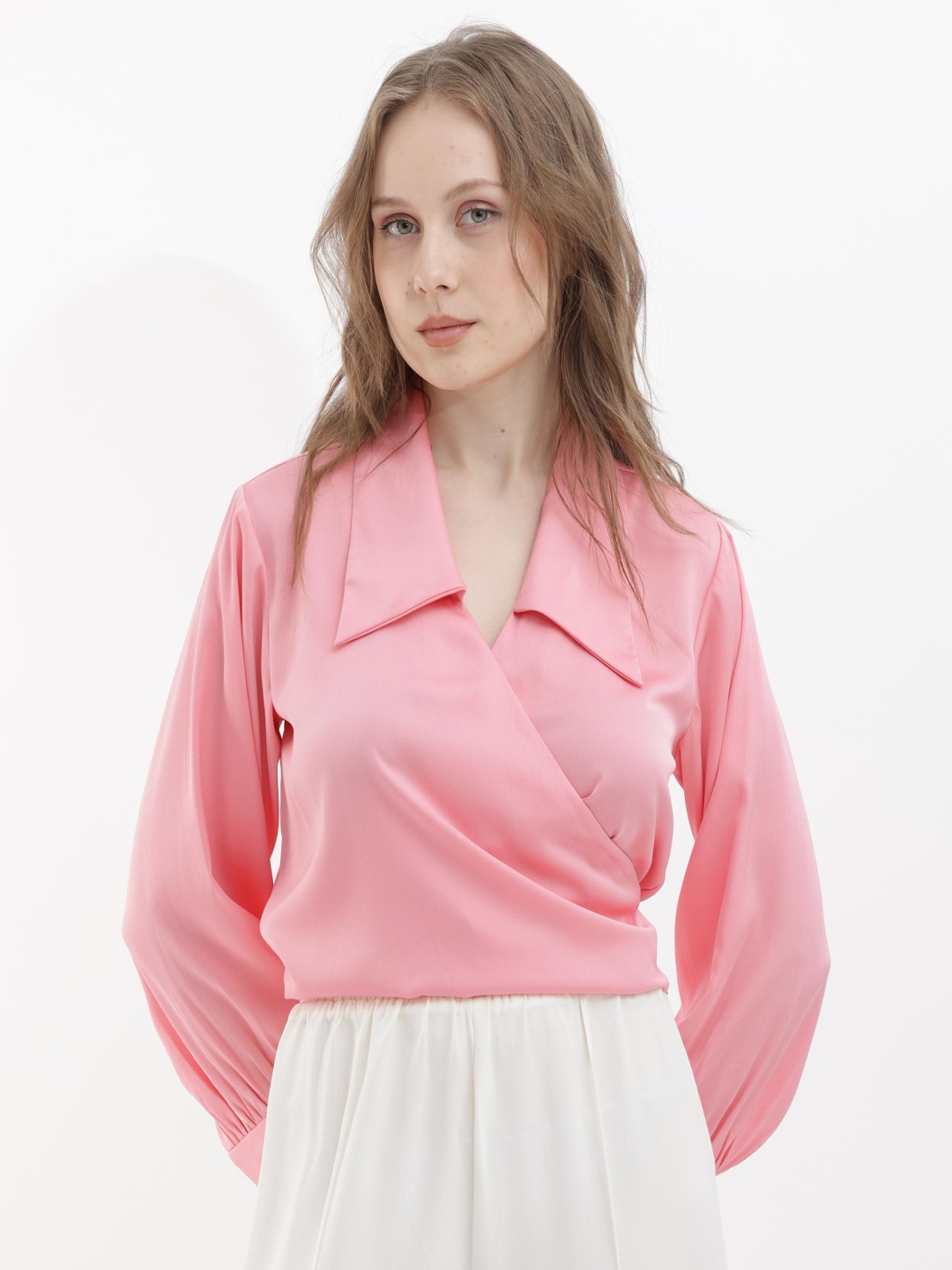 

RAREISM Shirt Collar Cuffed Sleeves Wrap Top, Pink