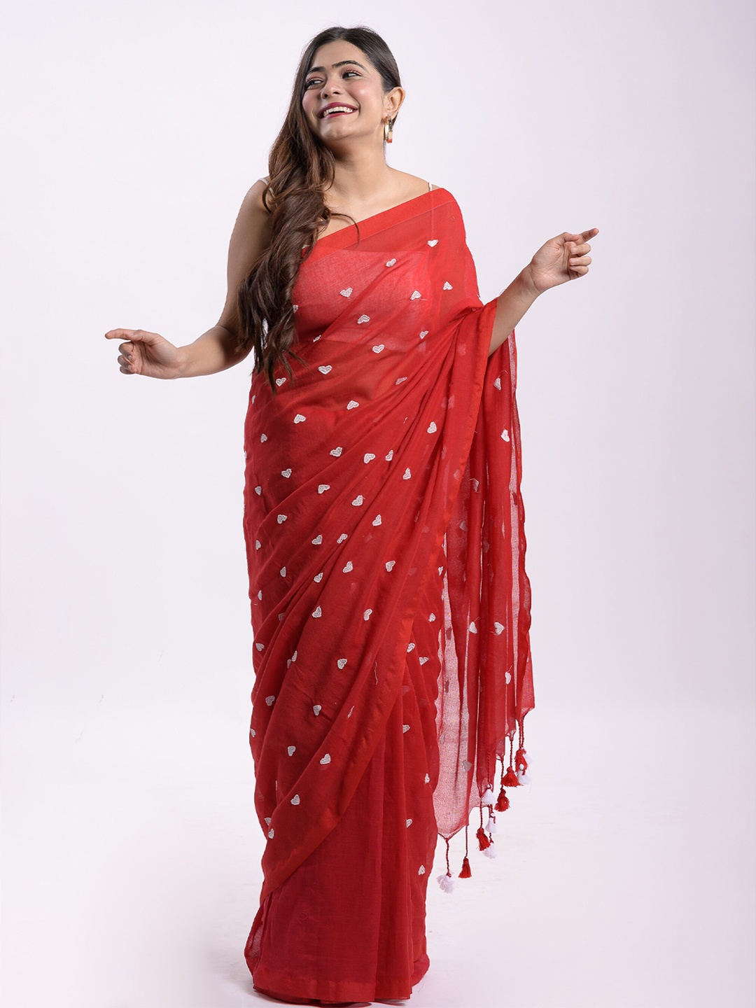 

RODDUR Embroidered Embellished Pure Cotton Saree, Red