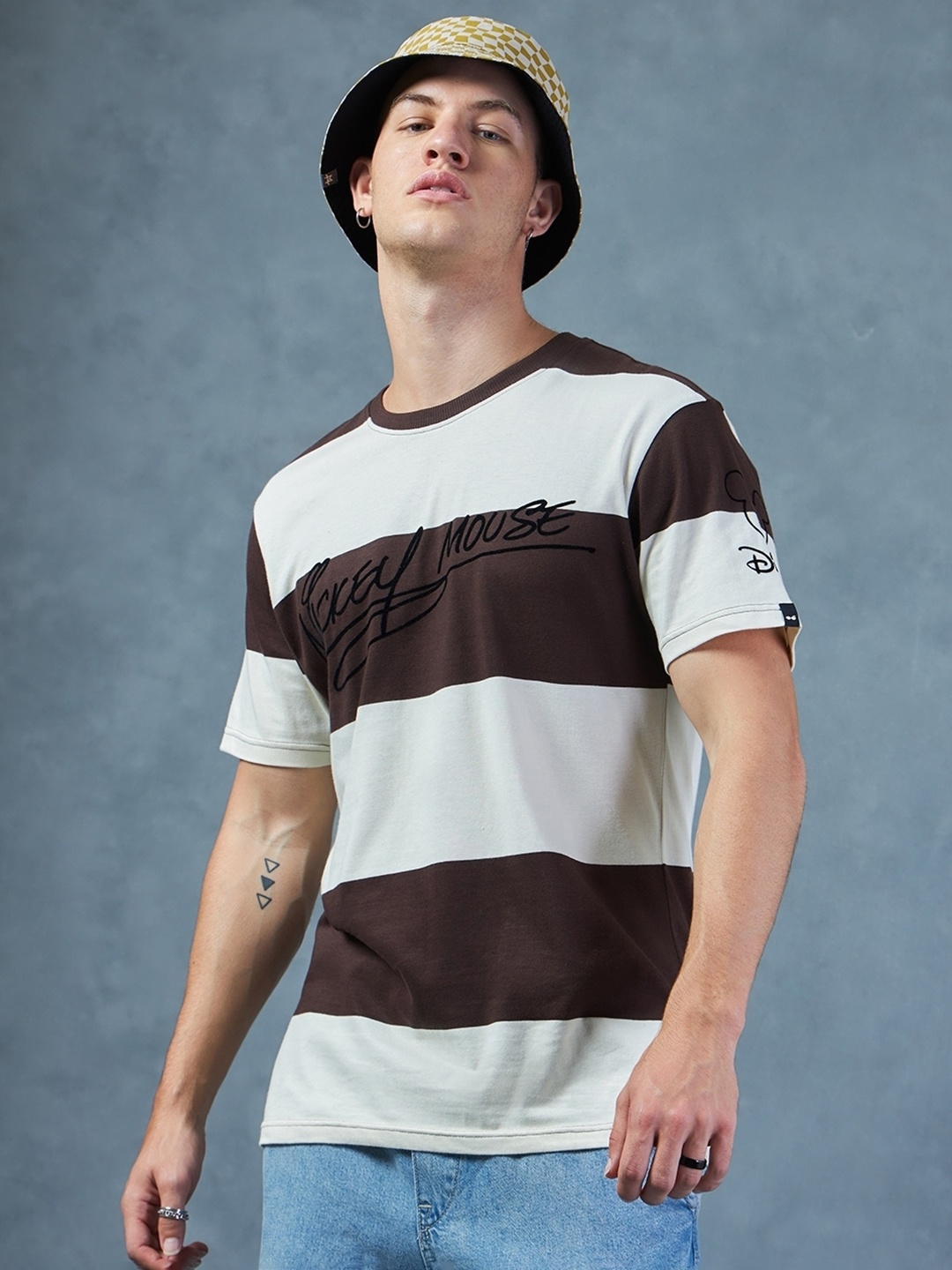 

Bewakoof Brown Mickey Mouse Print Striped Round Neck Cotton Oversized T-shirt