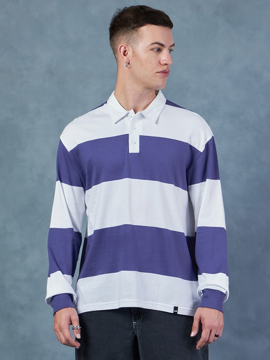 

Bewakoof White Striped Polo Collar Long Sleeves Cotton Oversized T-shirt