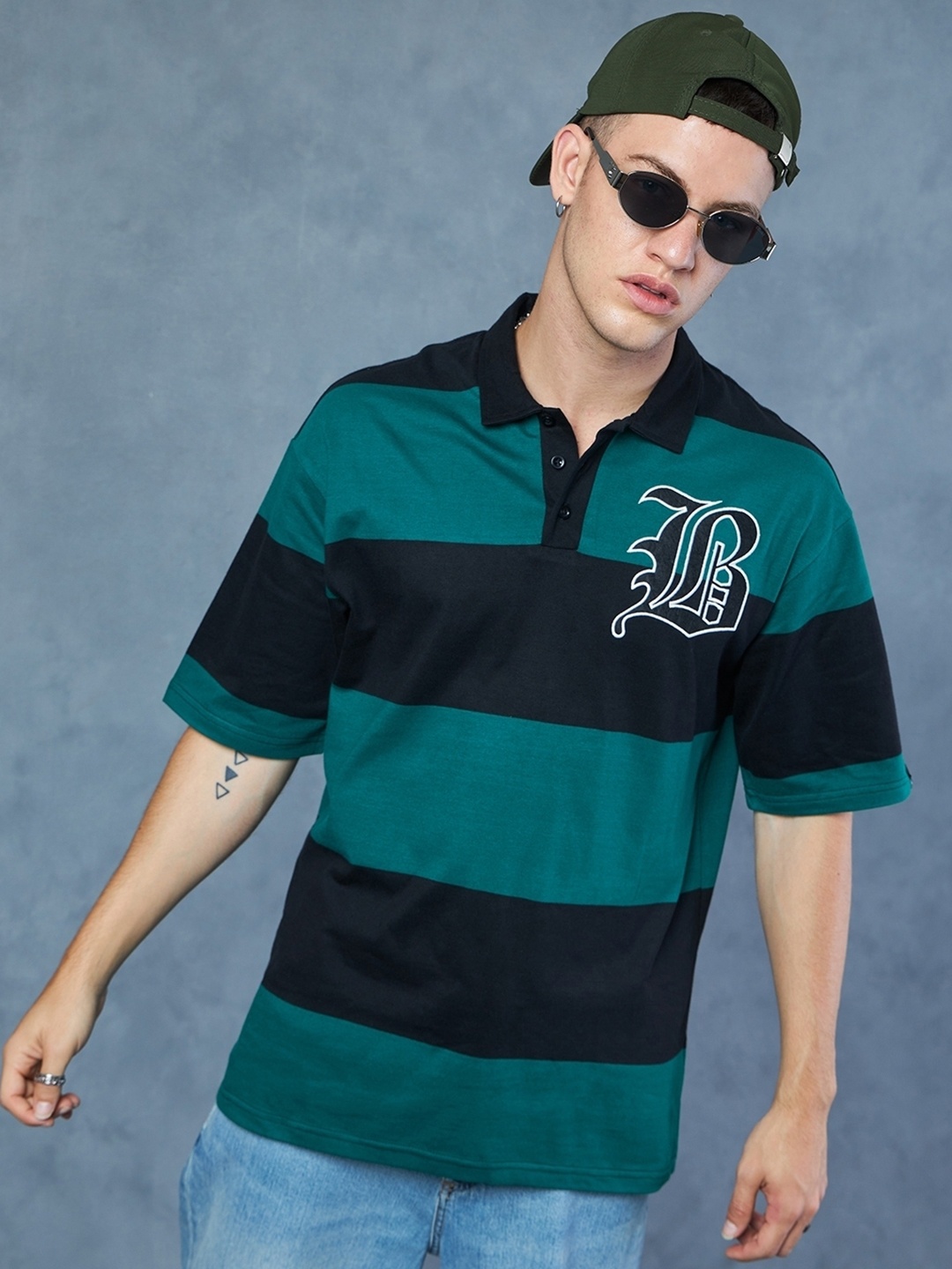 

Bewakoof Green Striped Polo Collar Short Sleeves Cotton Oversized T-shirt