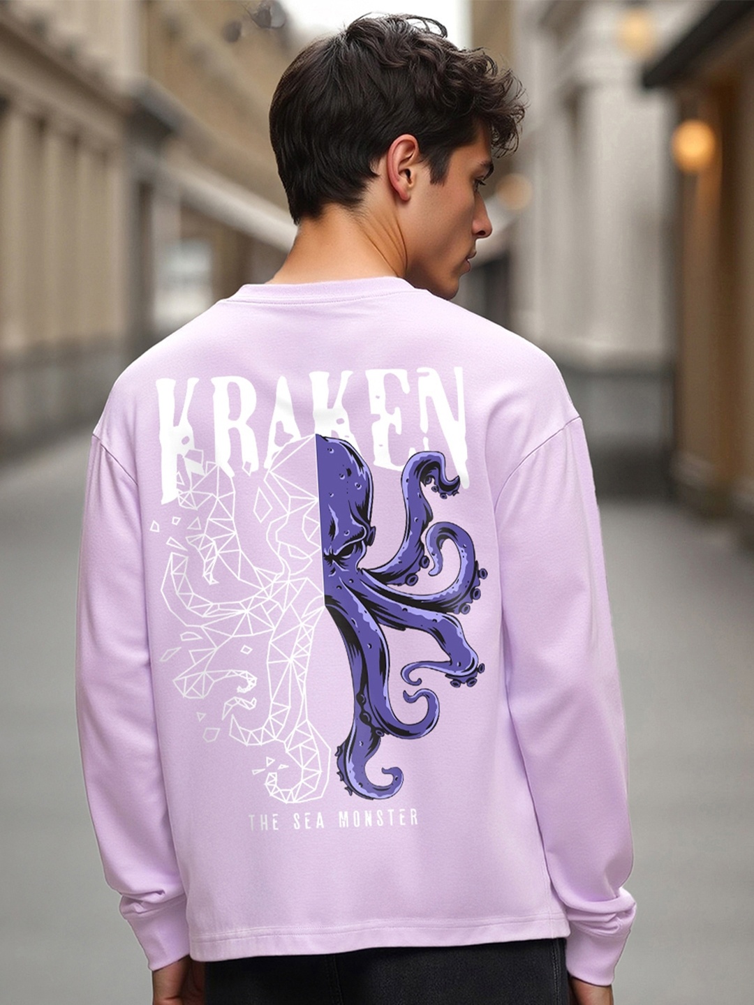 

Bewakoof Purple Kraken Printed Round Neck Long Sleeves Cotton Oversized T-shirt
