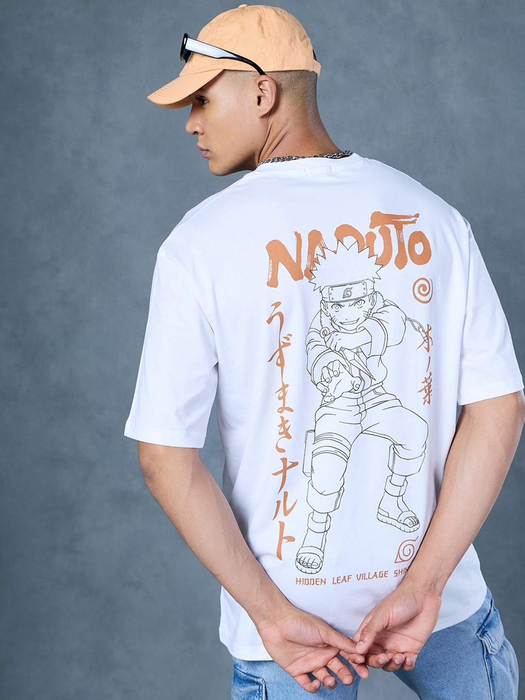 

Bewakoof White Shinobi Printed Round Neck Cotton Oversized T-shirt