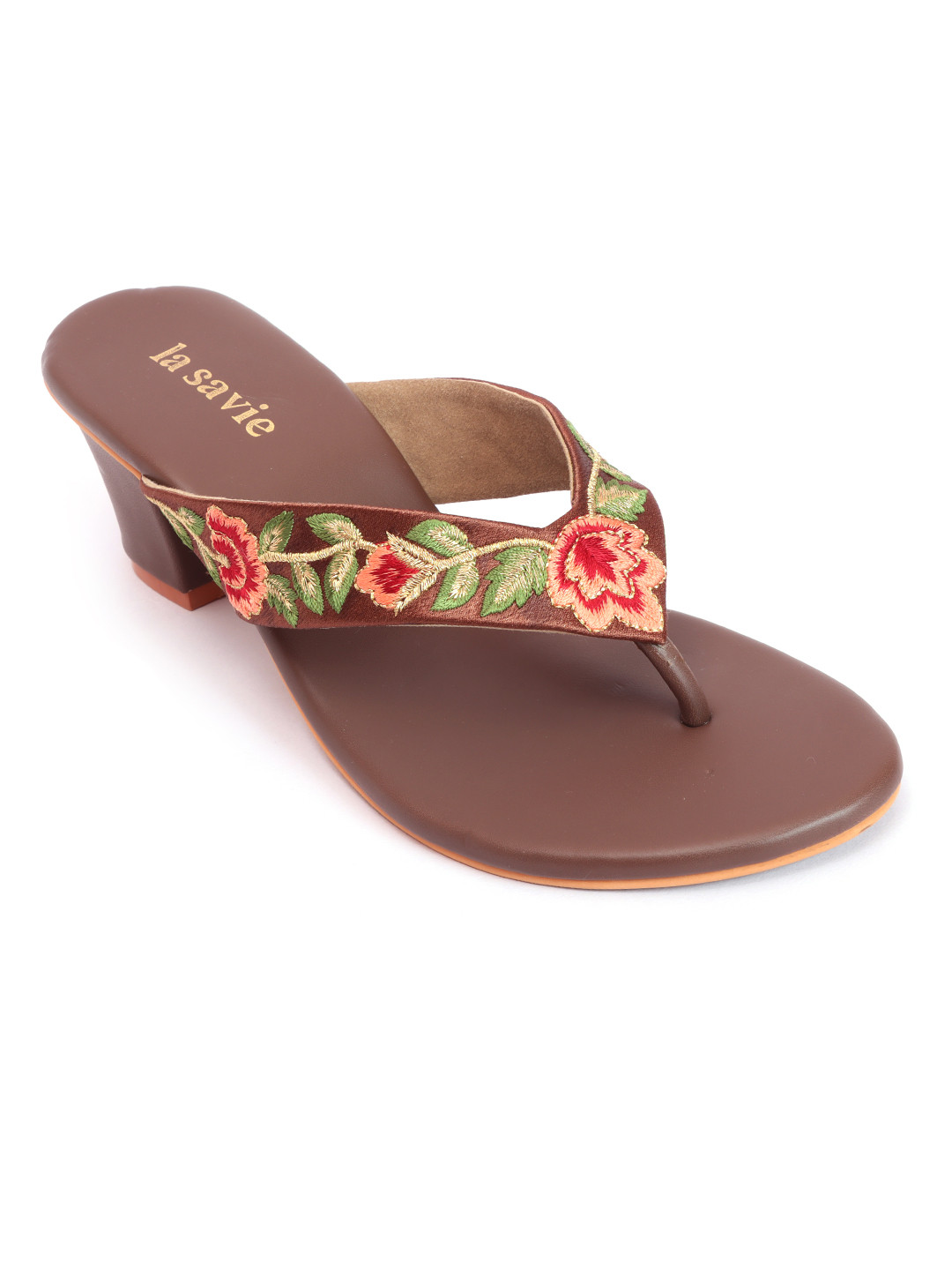 

LA SAVIE Embroidered Open Toe Block Heels, Brown