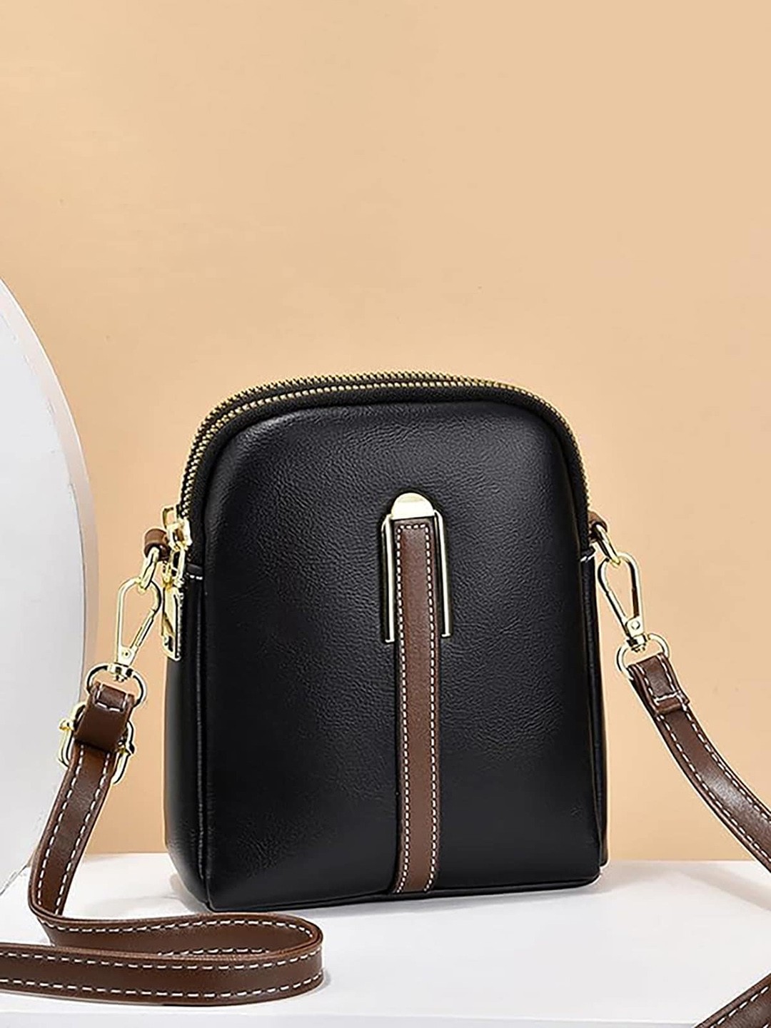 

SYGA Zip Detail Leather Sling Bag, Black