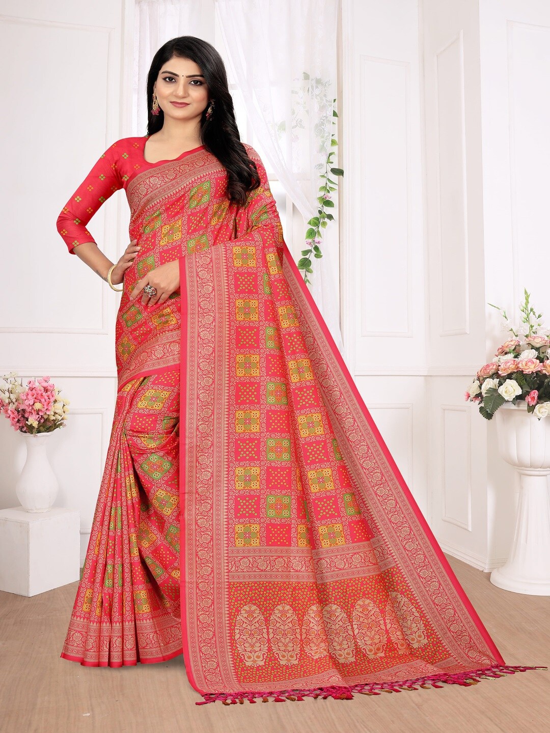 

ARYZE Bandhani Print Art Silk Saree, Pink