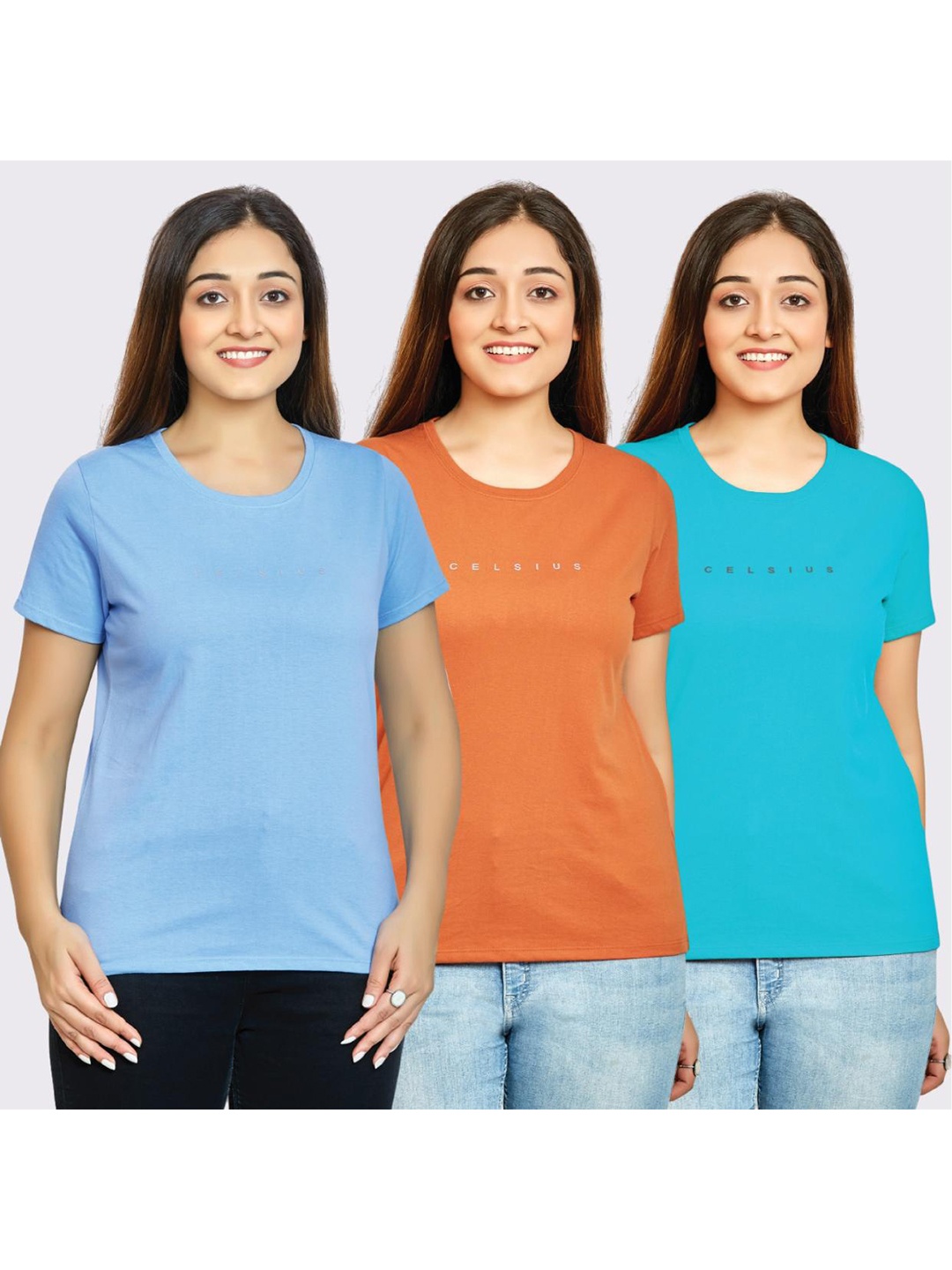 

CELSIUS Pack of 3 Brand Logo Printed T-shirts, Blue