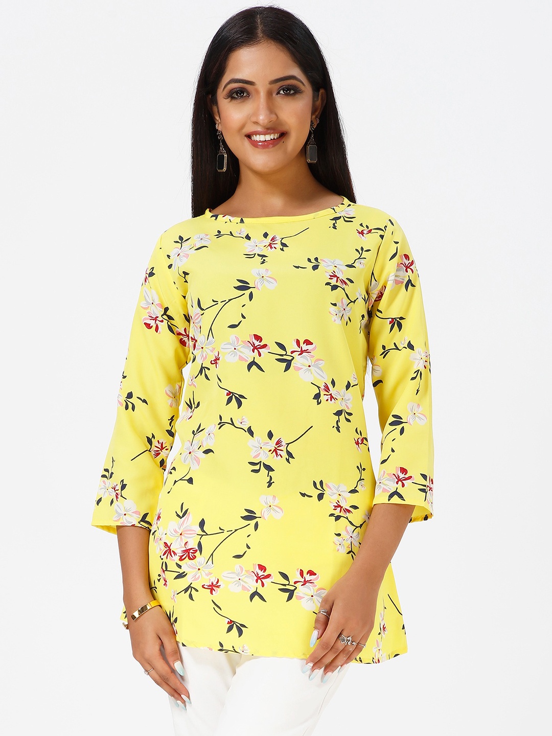 

mrutbaa Floral Printed Longline A-line Top, Yellow