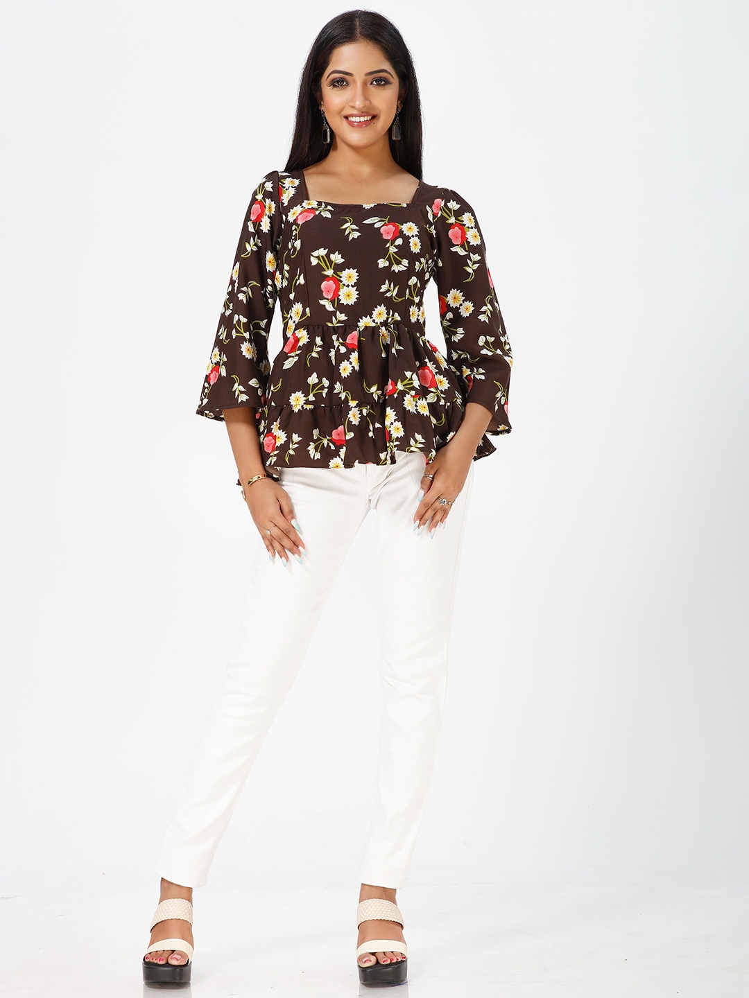 

mrutbaa Floral Printed Square Neck Flared Sleeves Gathered Detailed Peplum Top, Brown