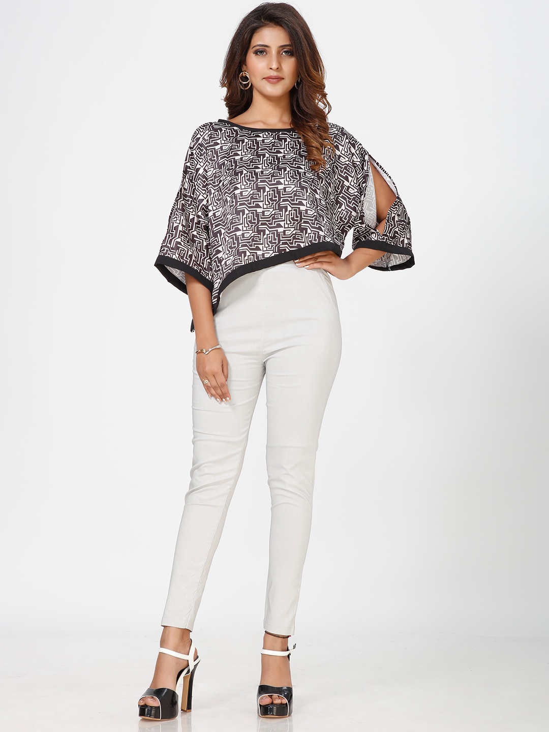 mrutbaa Geometric Printed Cape Sleeve Satin Top, Black