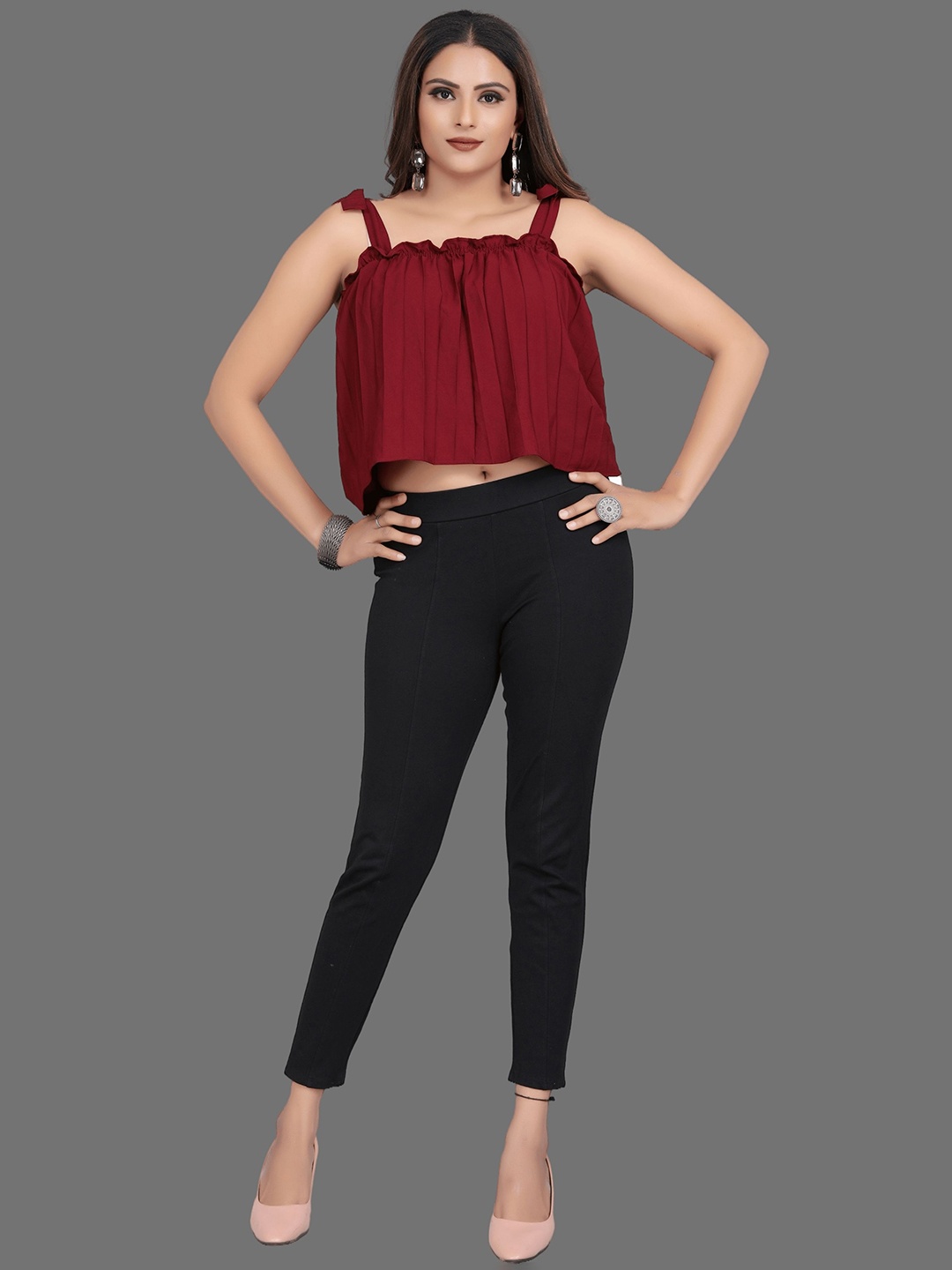 

mrutbaa Shoulder Straps Gathered Detailed A-Line Crop Top, Maroon