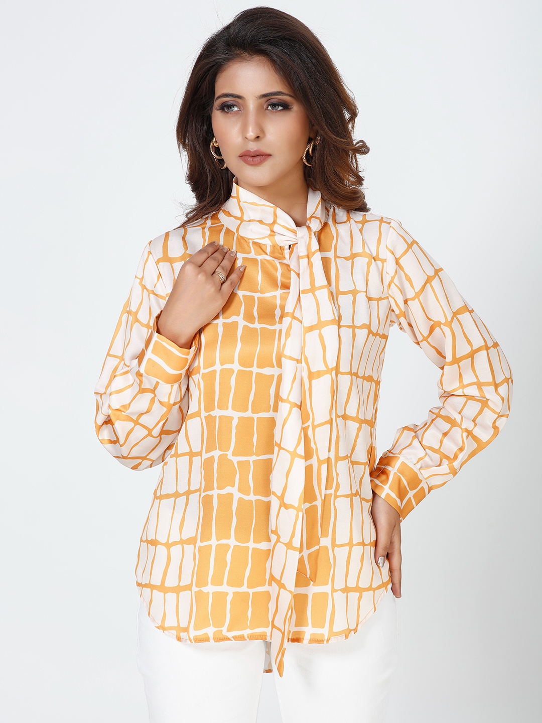 

mrutbaa Geometric Printed Tie-Up Neck Cuffed Sleeves Satin Top, Orange