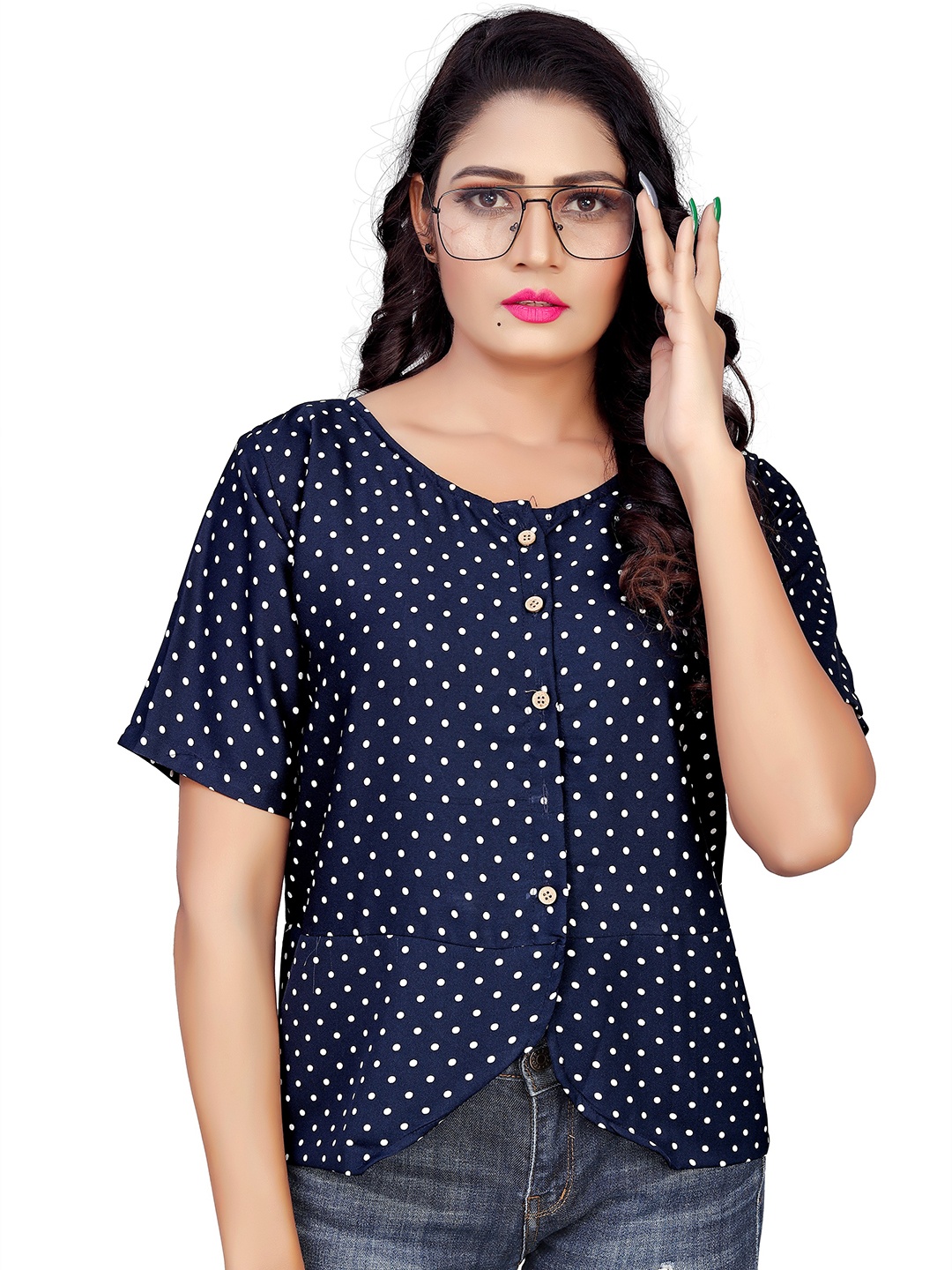 

mrutbaa Polka Dot Printed Georgette Shirt Style Top, Navy blue