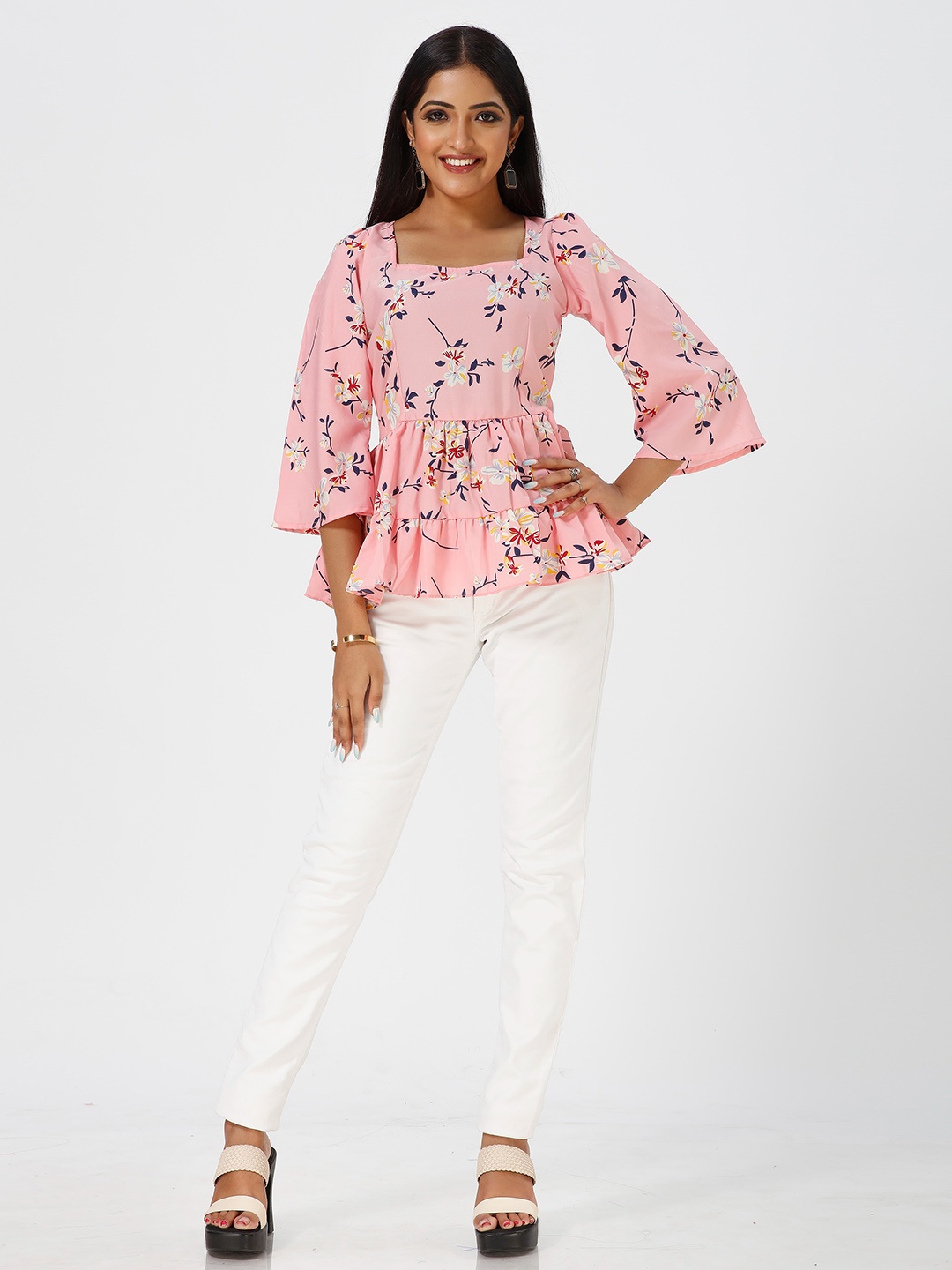 

mrutbaa Floral Printed Square Neck Flared Sleeves Gathered Detailed Peplum Top, Peach
