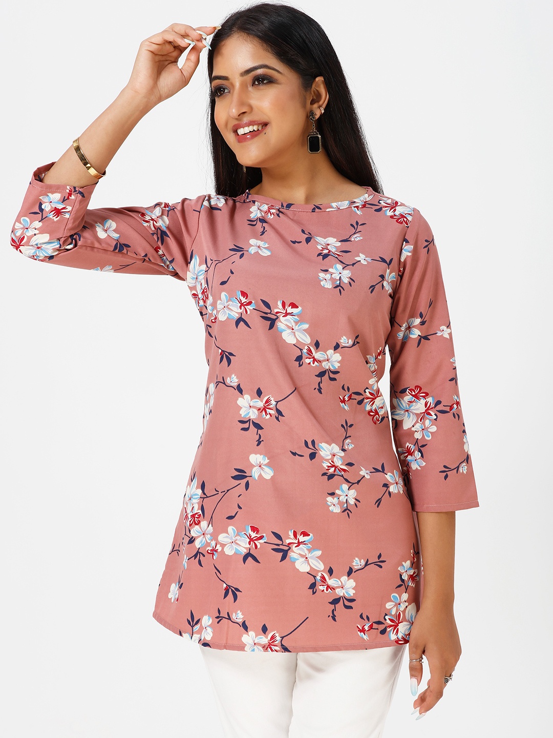 

mrutbaa Floral Printed Longline A-line Top, Peach