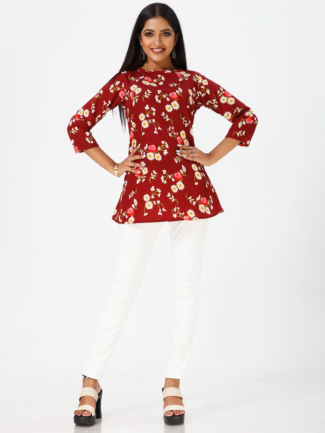 

mrutbaa Floral Printed Longline A-Line Top, Red
