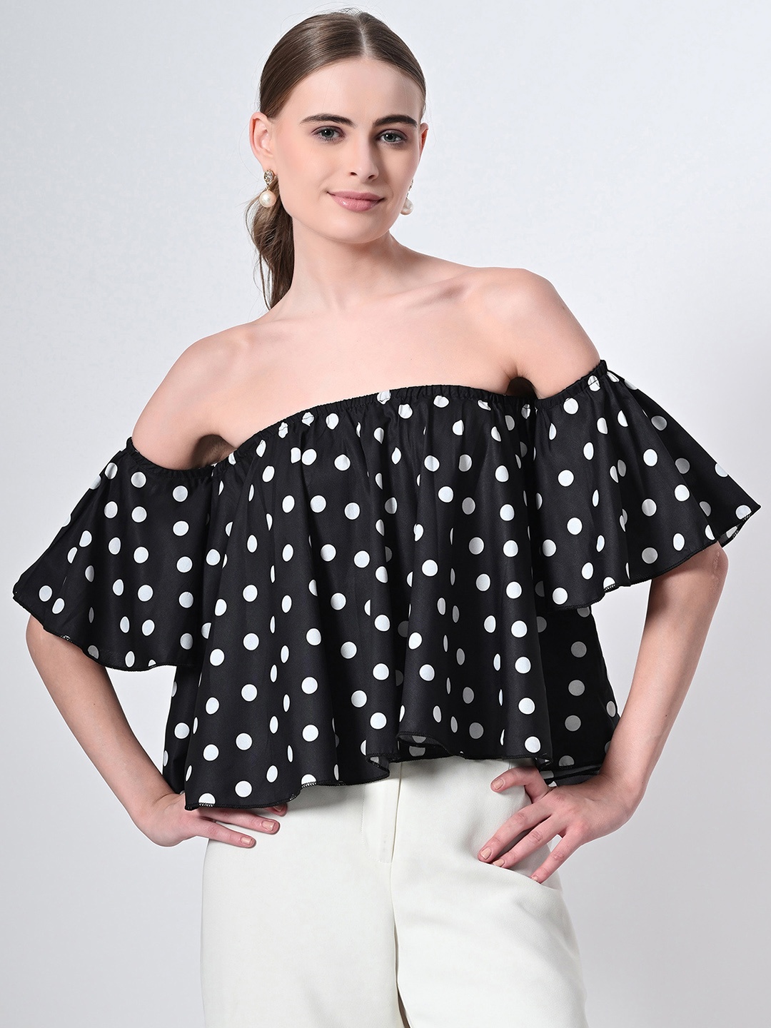 

mrutbaa Polka Dot Printed Off-Shoulder Flared Sleeves Bardot Top, Black