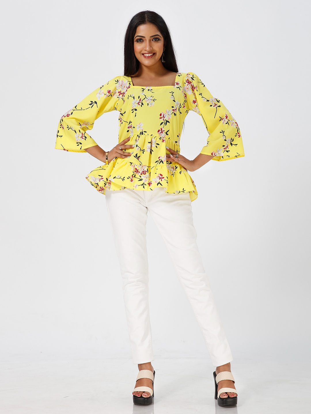 

mrutbaa Floral Printed Square Neck Peplum Top, Yellow