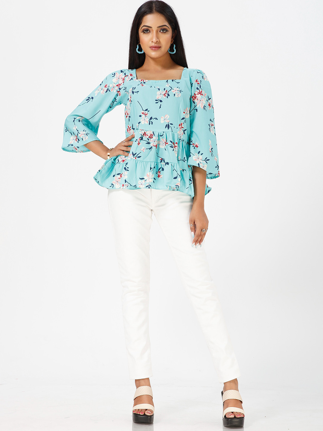 

mrutbaa Floral Printed Square Neck Flared Sleeves Gathered Detailed Peplum Top, Blue