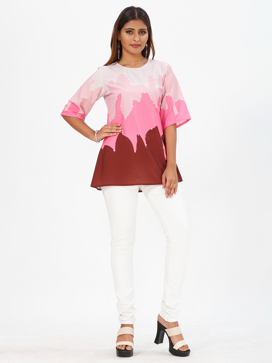 

mrutbaa Abstract Printed Flared Sleeves Longline A-line Top, Pink