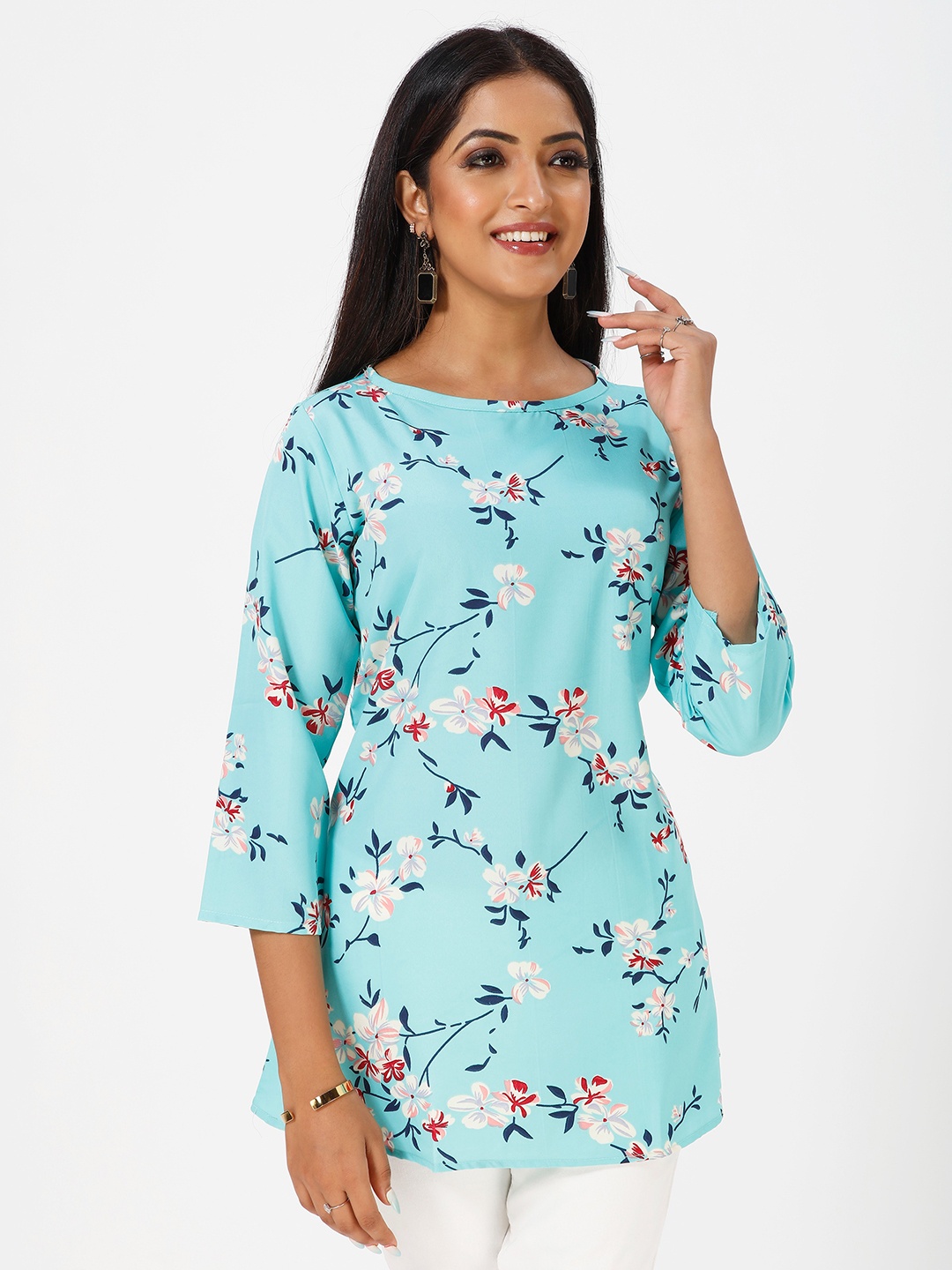 

mrutbaa Floral Printed Longline A-line Top, Blue