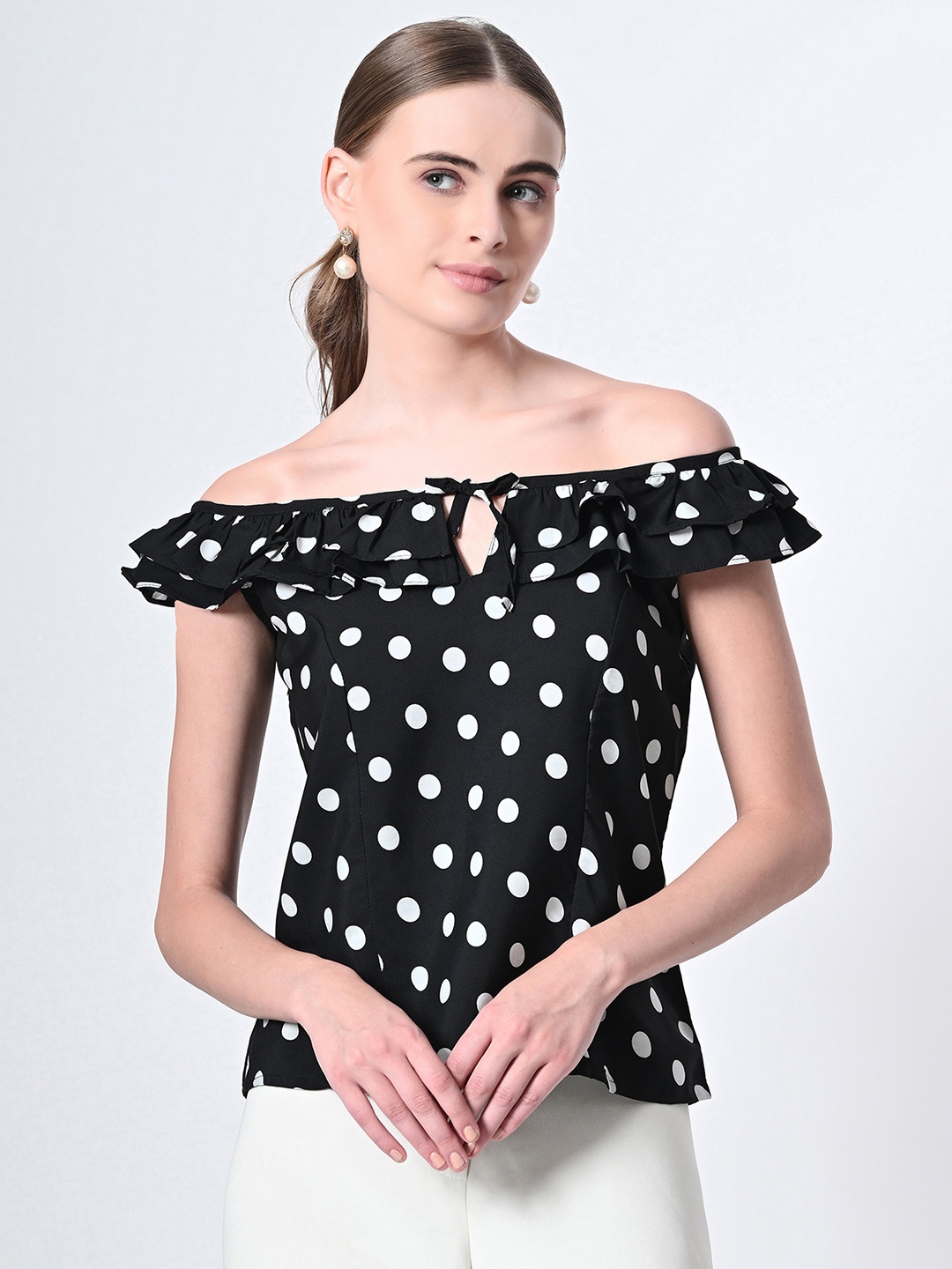 

mrutbaa Polka Dot Printed Boat Neck Crepe Top, Black