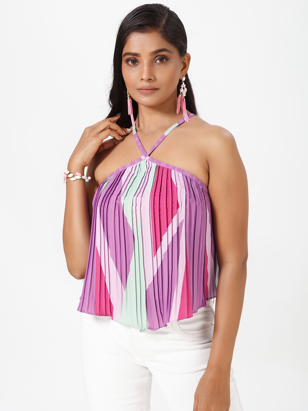 

mrutbaa Abstract Printed Halter Neck Accordion Pleated A-Line Top, Purple
