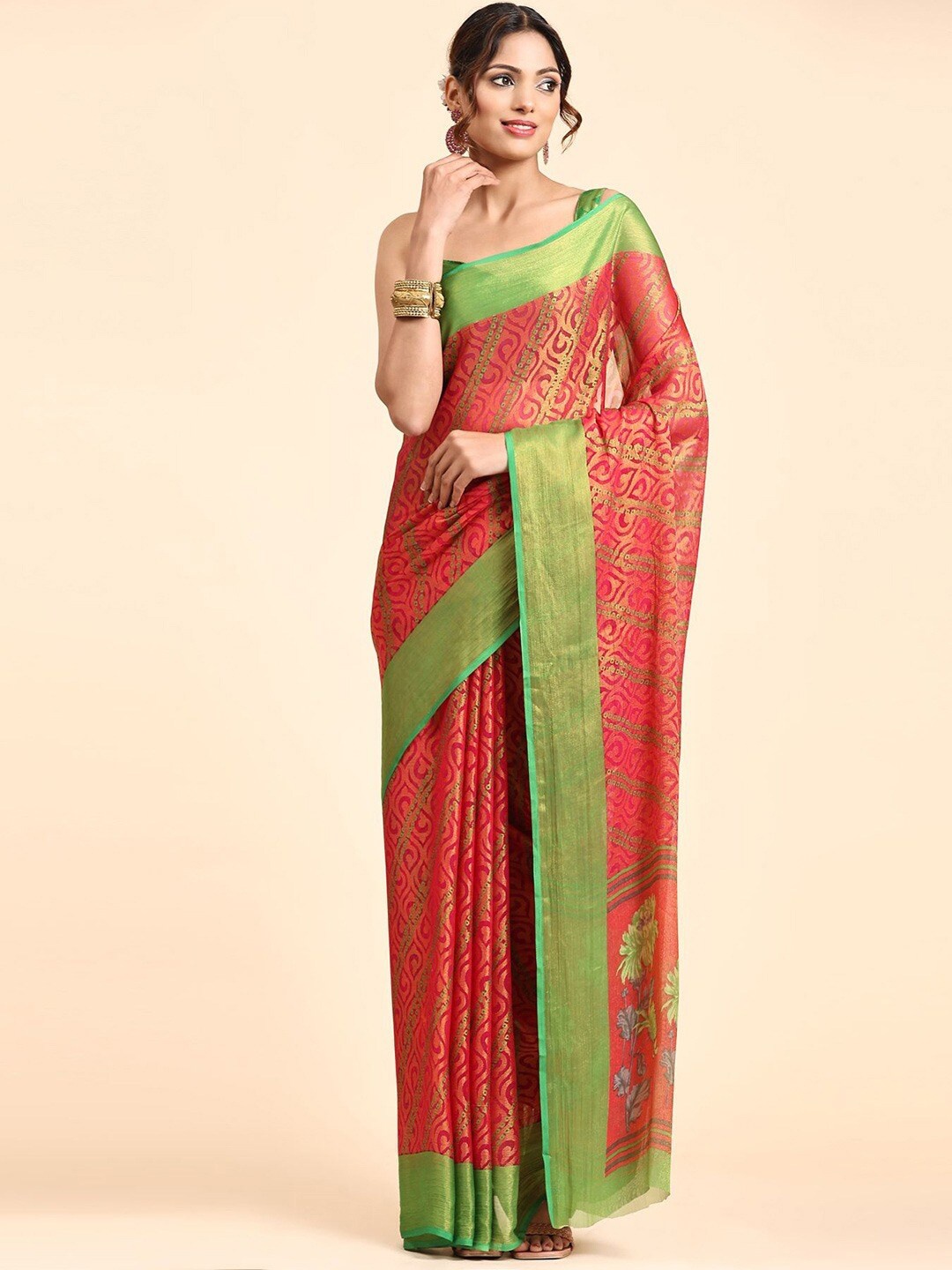 

Sitanjali Ethnic Motifs Printed Zari Pure Georgette Saree, Pink