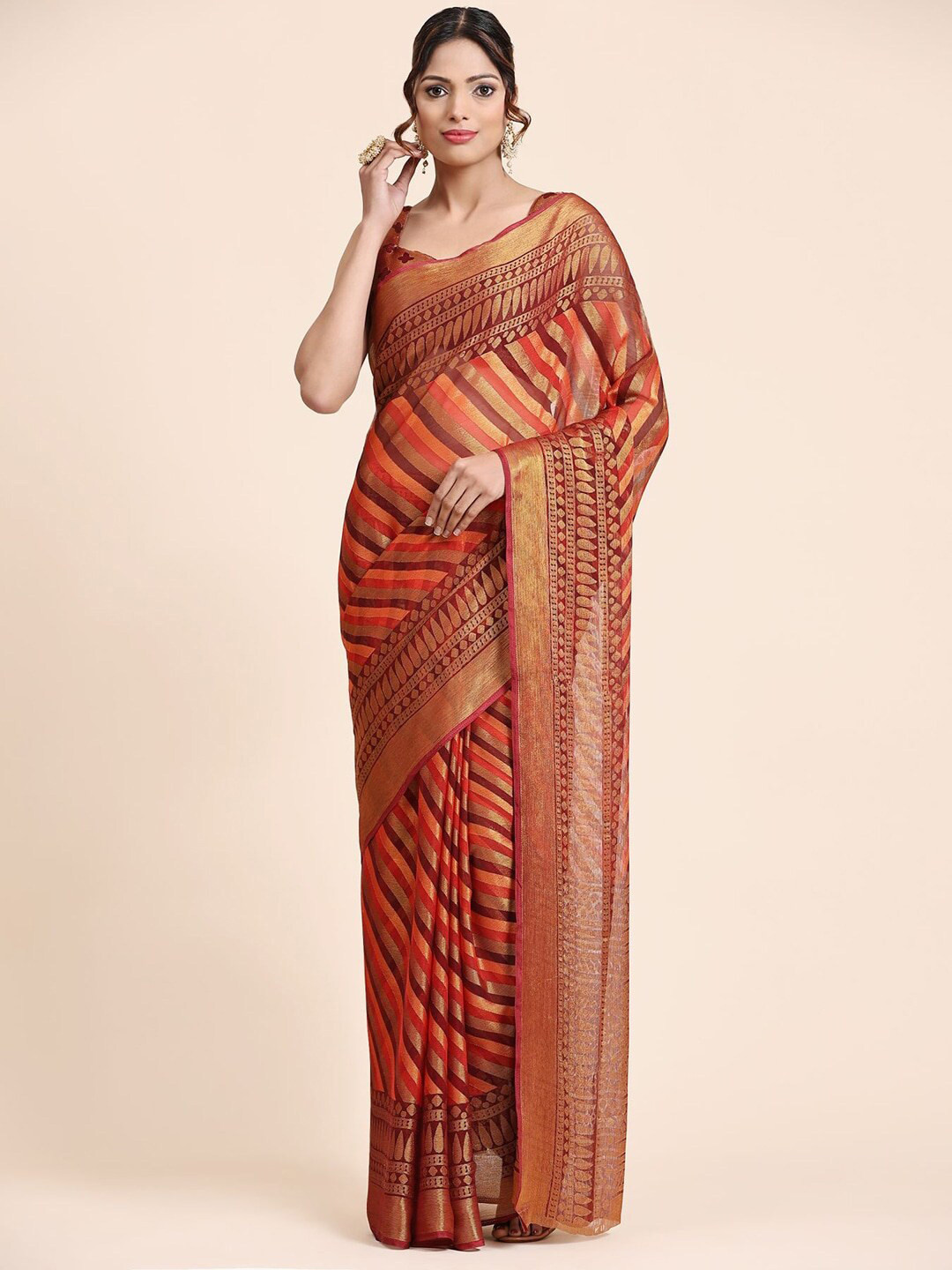 

Sitanjali Striped Printed Zari Pure Georgette Saree, Red