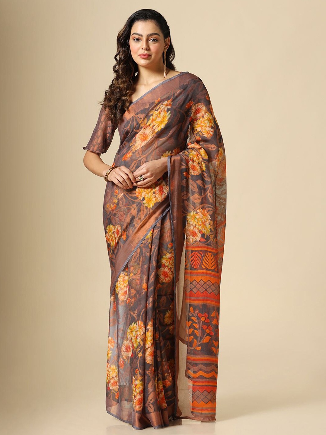 

Sitanjali Floral Printed Pure Georgette Saree, Grey