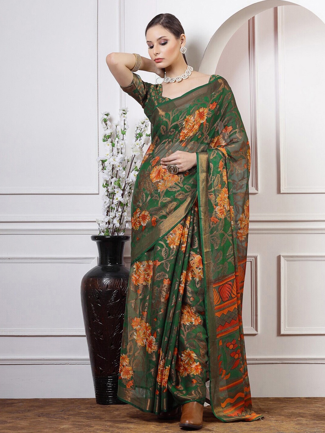 

Sitanjali Floral Printed Pure Georgette Saree, Green