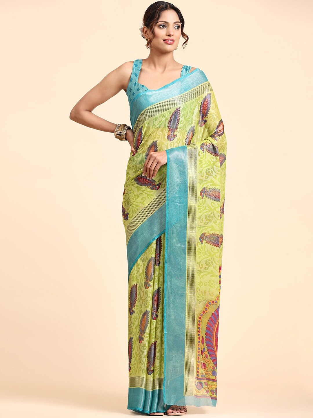 

Sitanjali Floral Printed Pure Georgette Saree, Olive