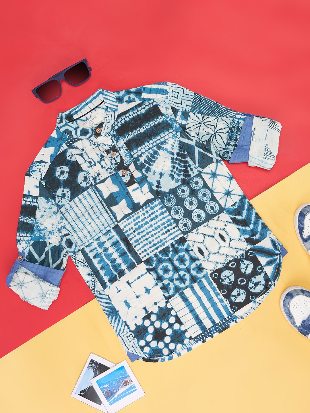 

Pantaloons Junior Boys Tie and Dye Mandarin Collar Pure Cotton Shirt, Blue
