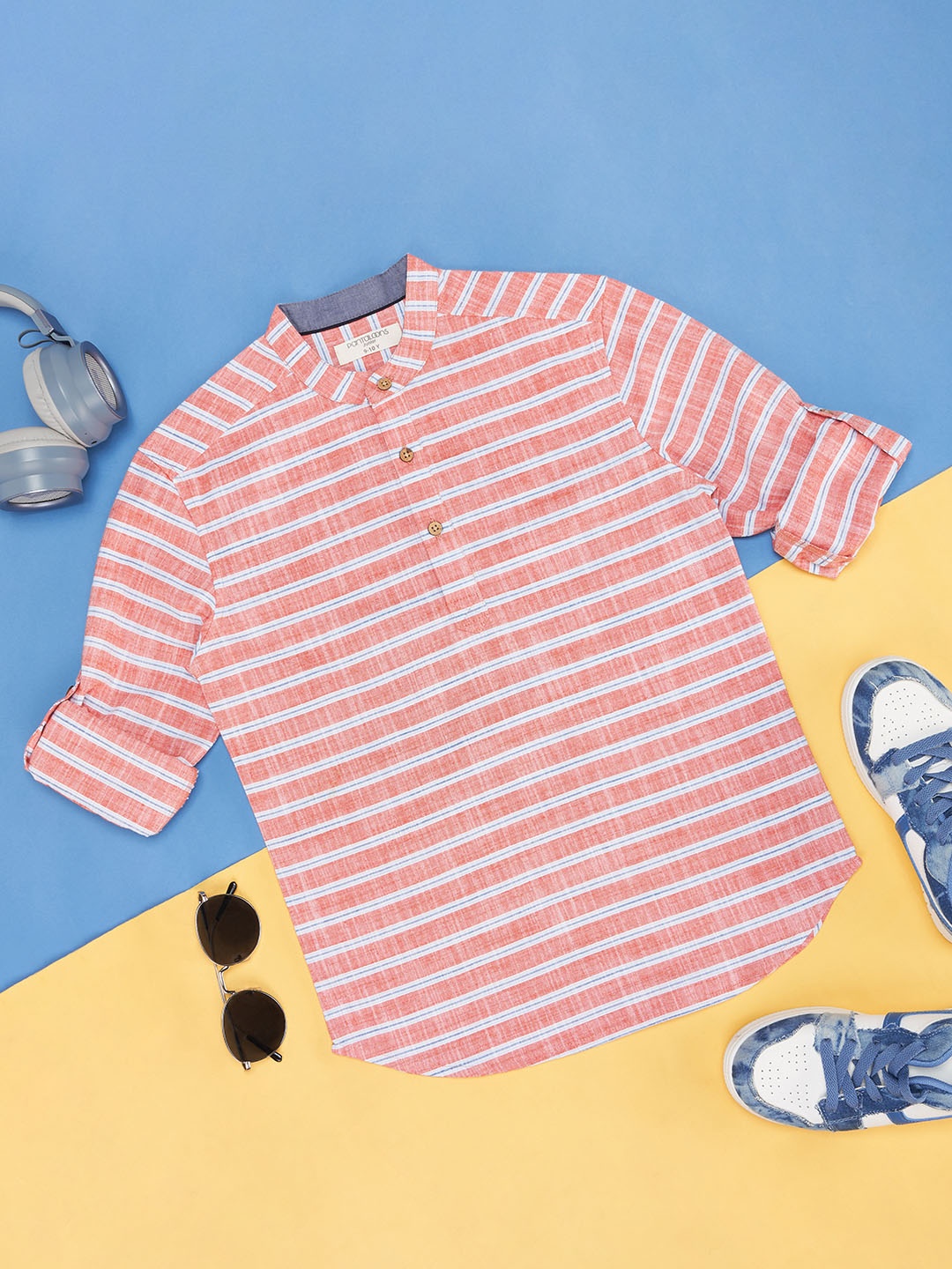 

Pantaloons Junior Boys Horizontal Stripes Mandarin Collar Long Sleeves Cotton Casual Shirt, Coral